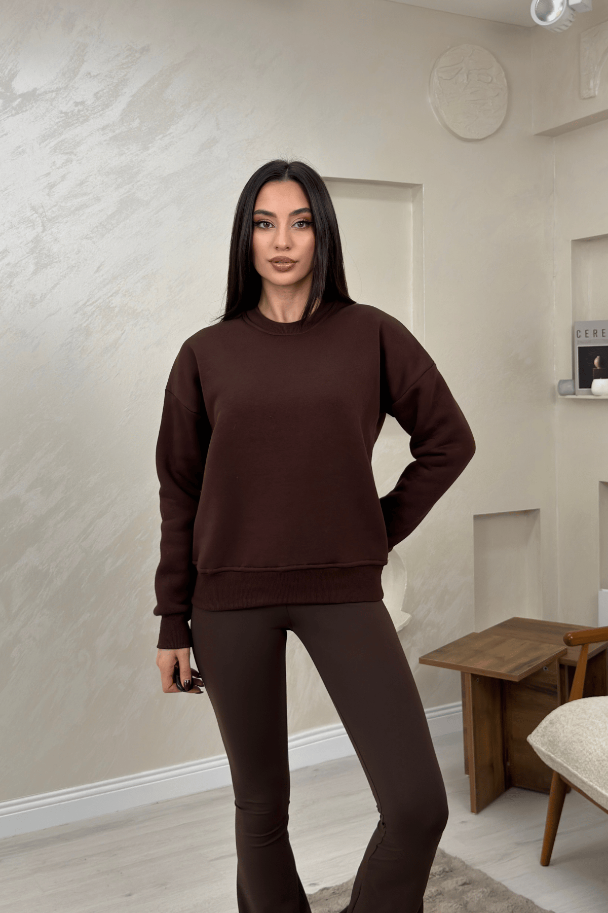 Willow Kahve Renkli Yuvarlak Yaka Kadın Sweatshirt | miraylawear