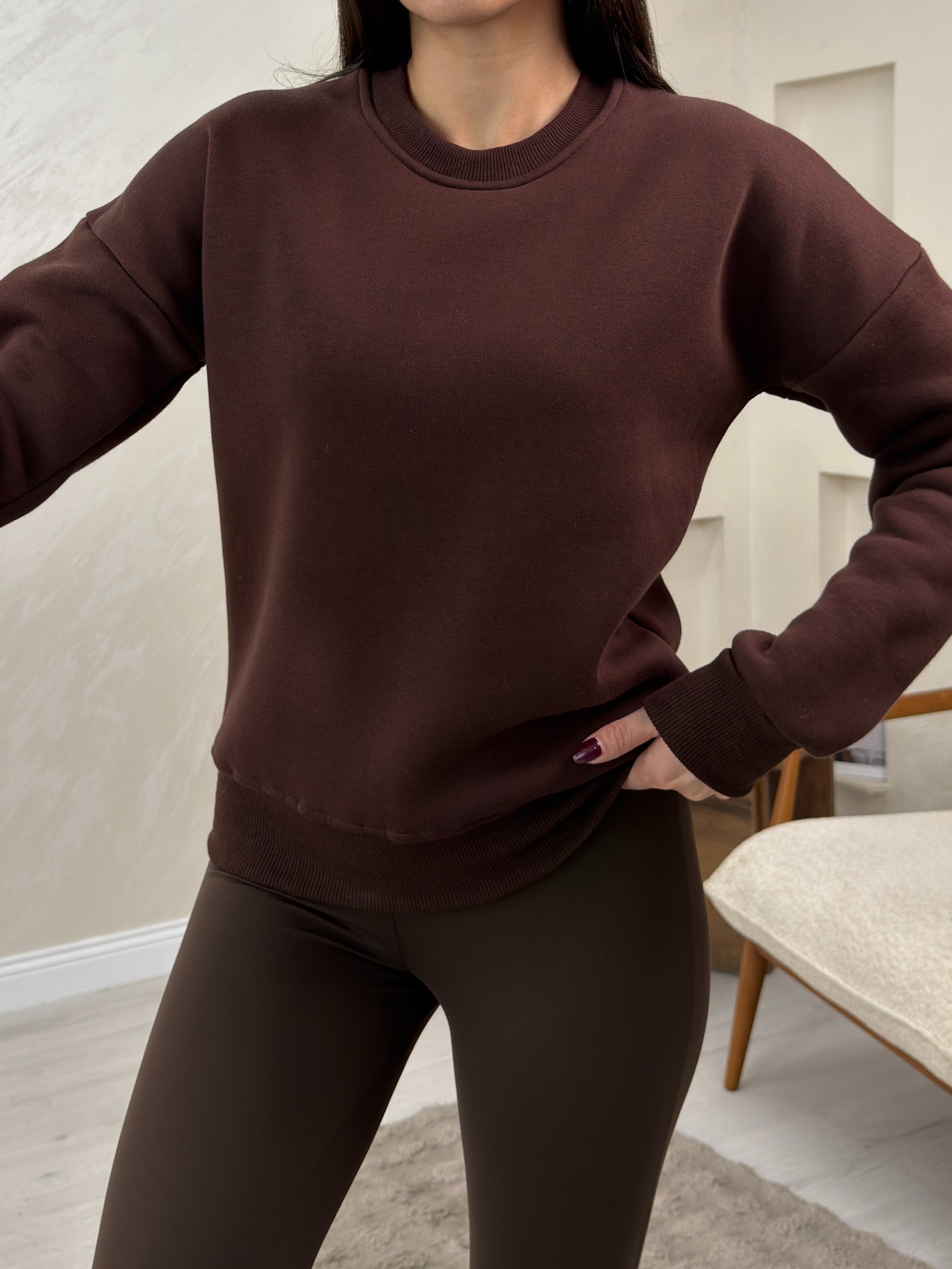 Willow Kahve Renkli Yuvarlak Yaka Kadın Sweatshirt | miraylawear