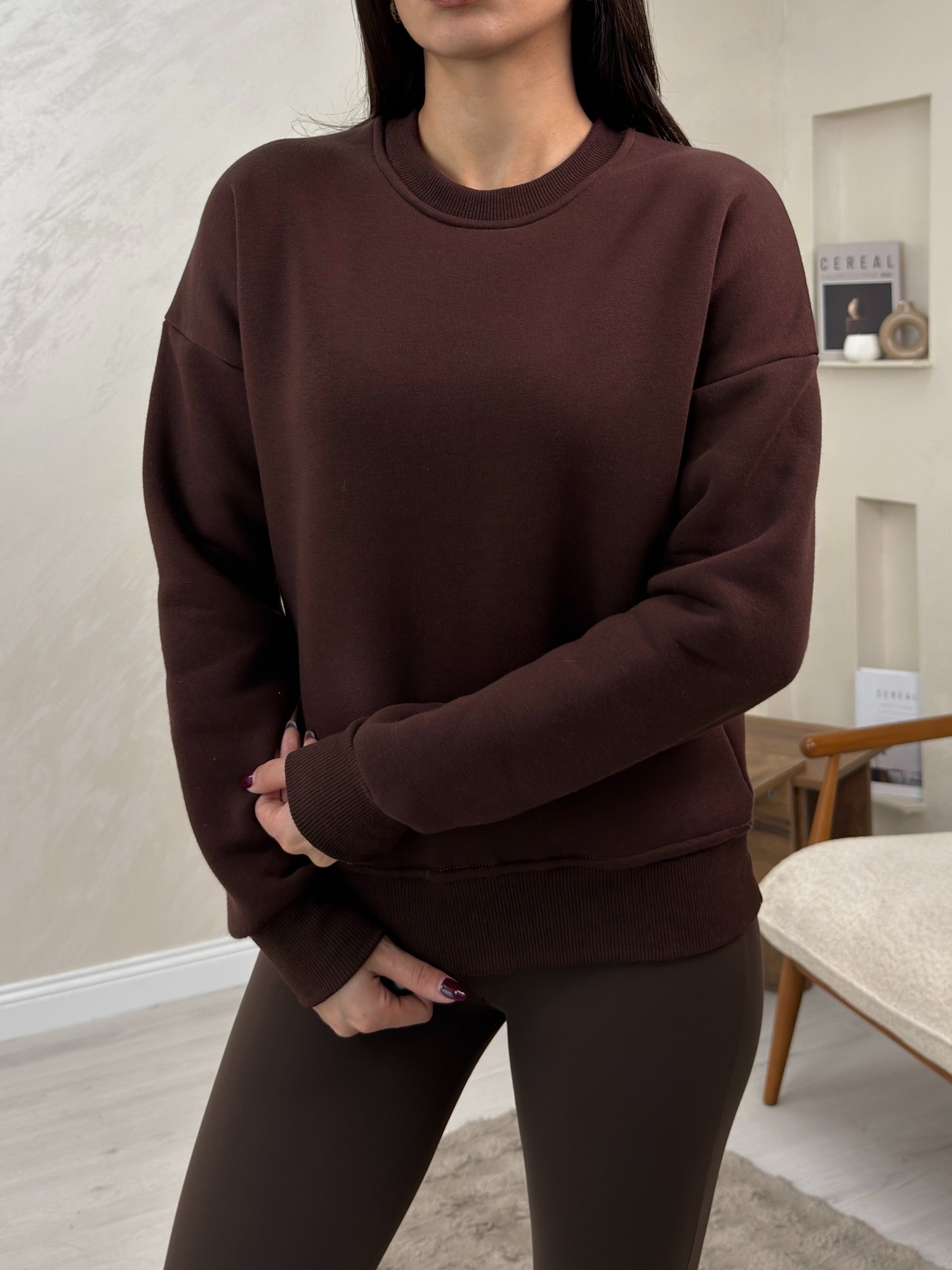 Willow Kahve Renkli Yuvarlak Yaka Kadın Sweatshirt | miraylawear
