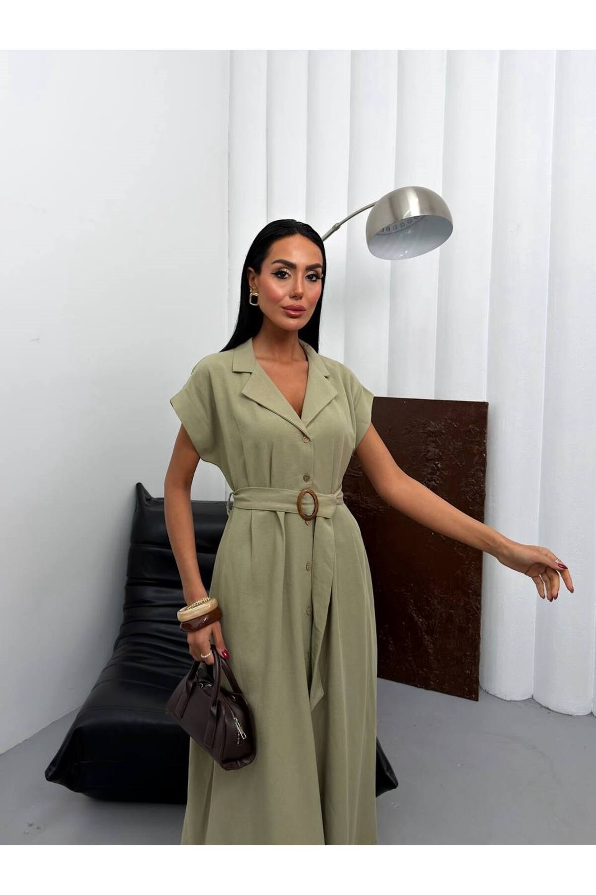 Full Düğmeli Kemerli Keten Maxi Elbise