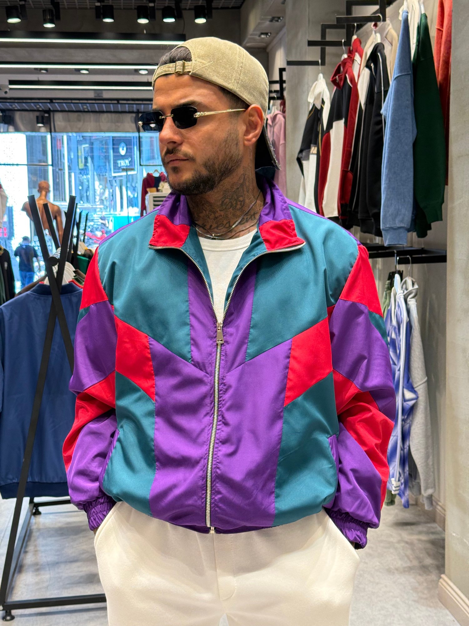 80'ler Model Erkek Oversize Retro Renk Bloklu Fermuarlı Paraşüt Ceket – Ön Sipariş