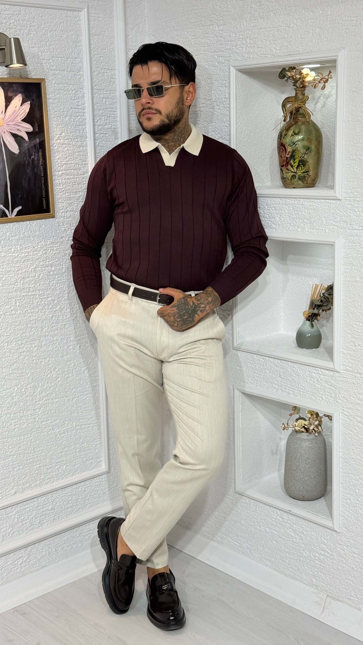 Bordo Kontrast Biyeli Uzun Kollu Triko Polo Yaka