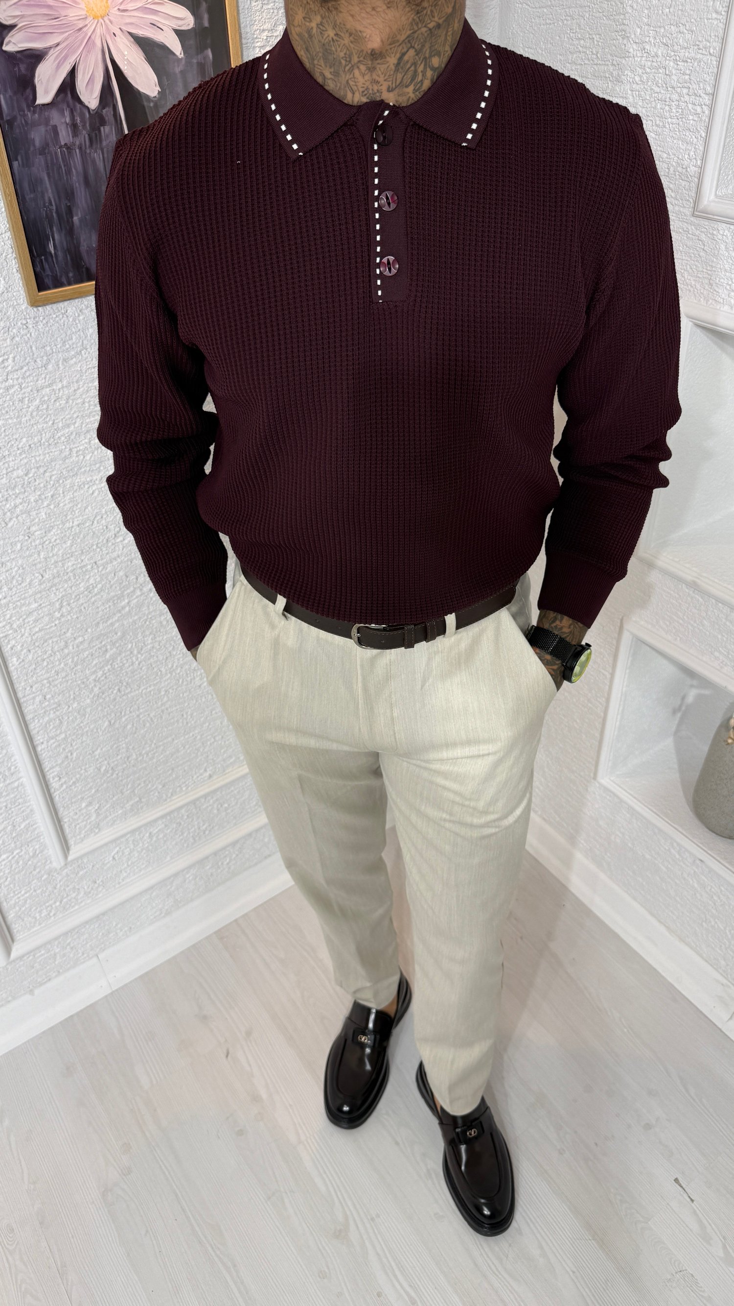 Bordo Kontrast Biyeli Uzun Kollu Triko Polo Yaka