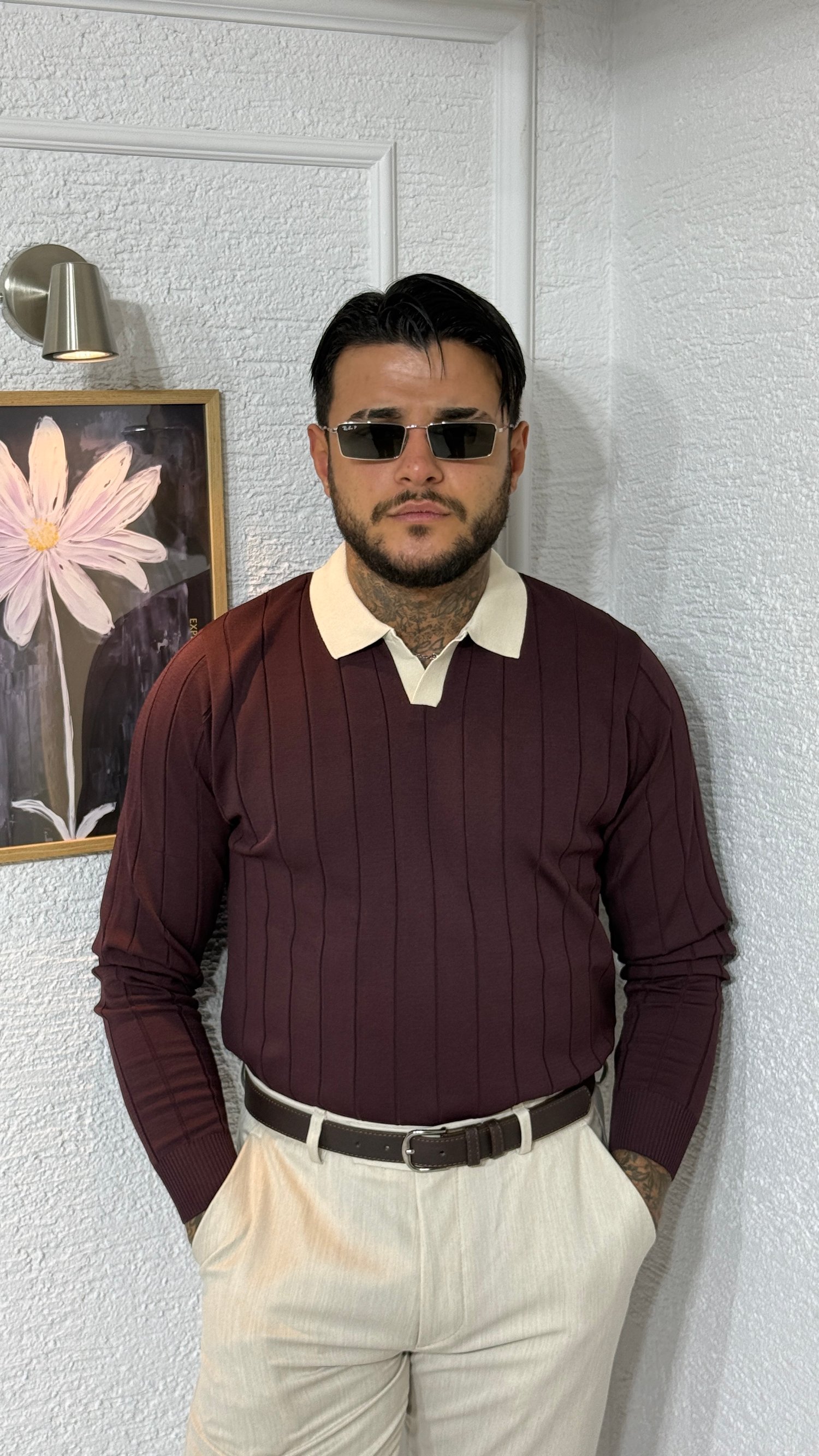 Bordo Kontrast Biyeli Uzun Kollu Triko Polo Yaka