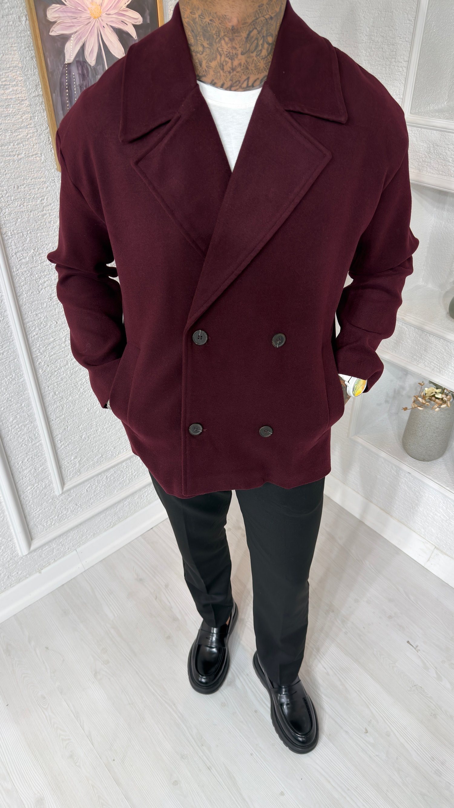 Bordo Oversize Kruvaze Kaşe Ceket