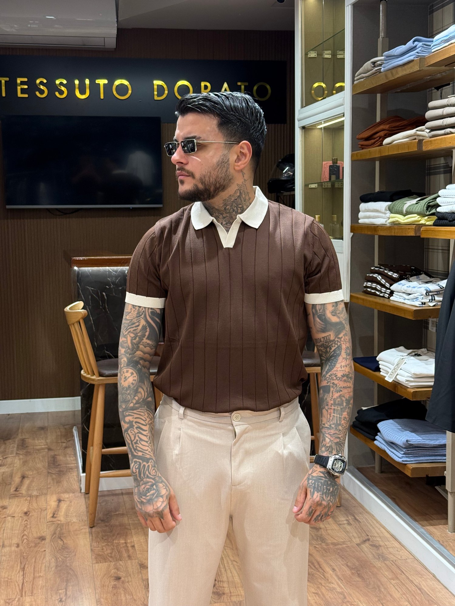 Classic Luxury kahverengi Polo Yaka