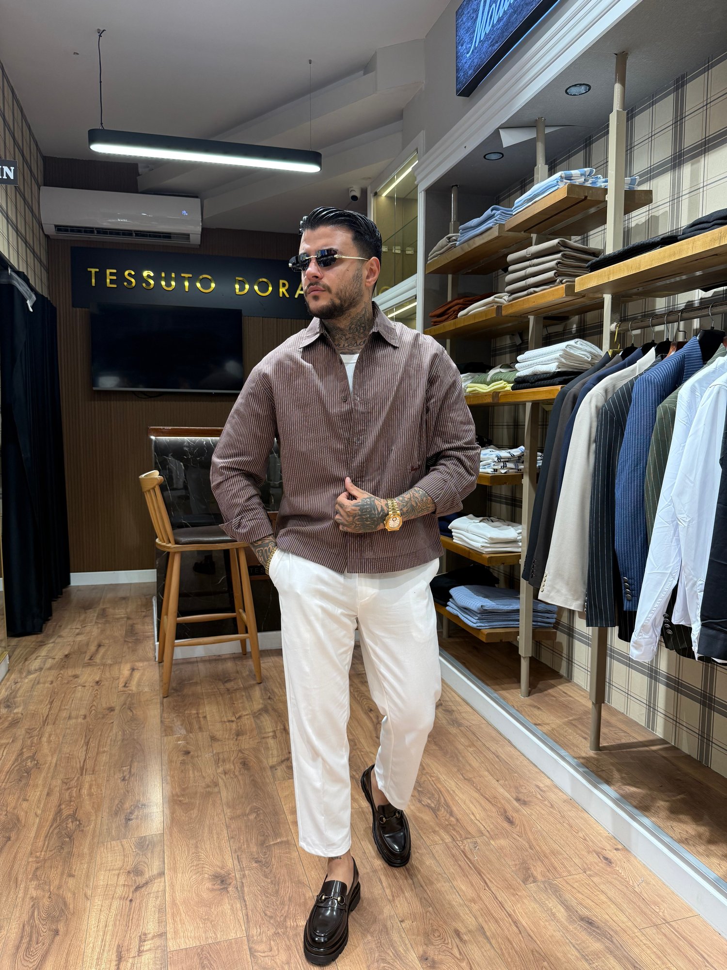 CLASSİC VAMOS Elegant Beyaz Çizgili Kahve ALT-ÜST TAKIM