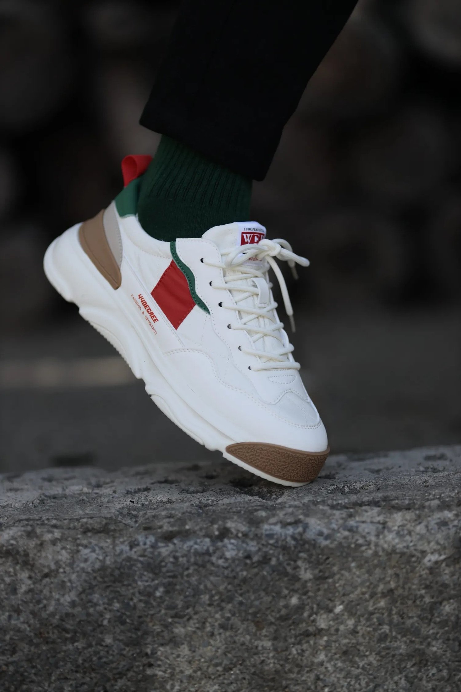 Degre Model Kombinasyonlu Deri İthal Taban Sneaker Ayakkabı - BEYAZ
