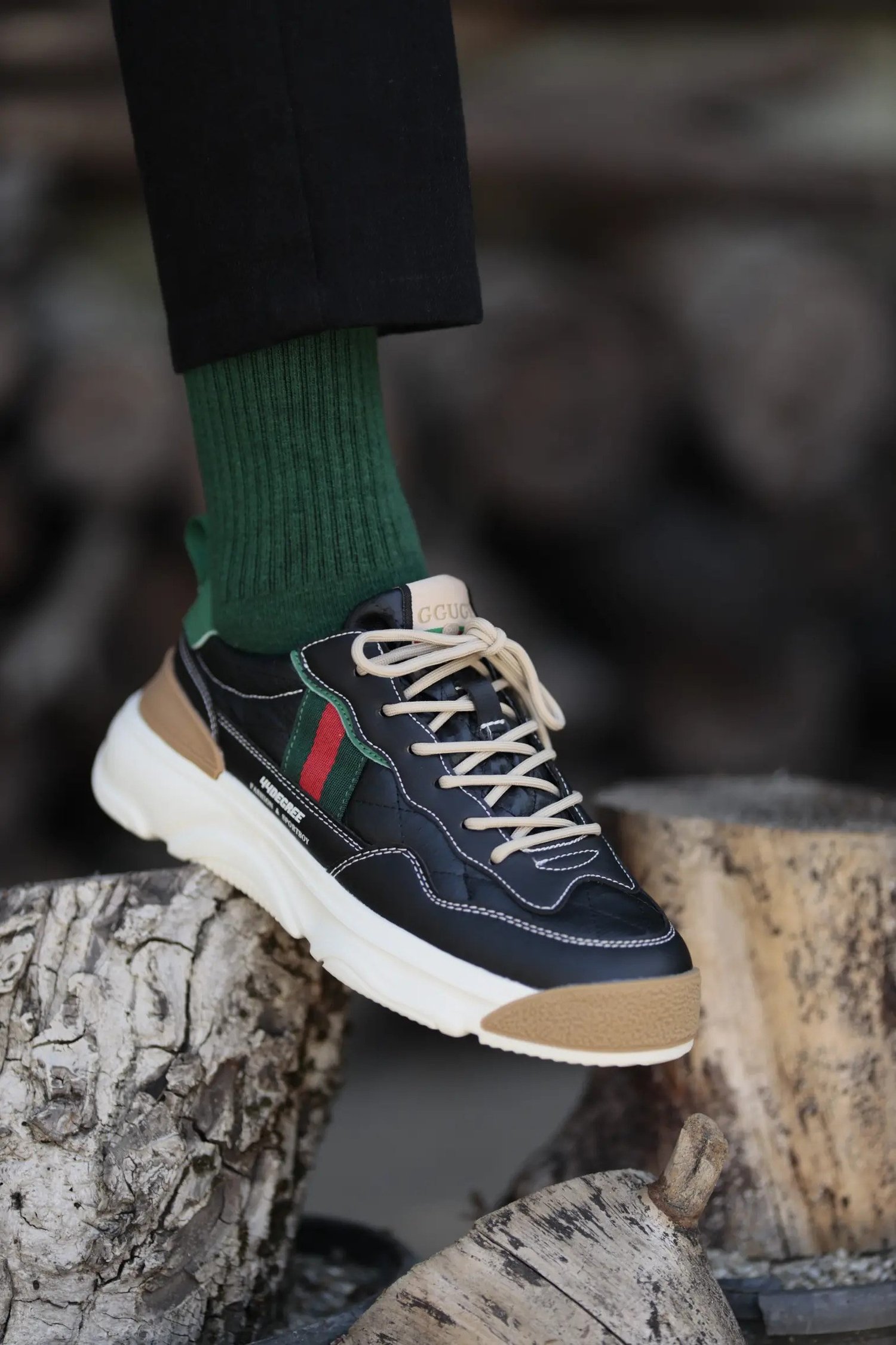 Degre Model Kombinasyonlu Deri İthal Taban Sneaker Ayakkabı - SİYAH