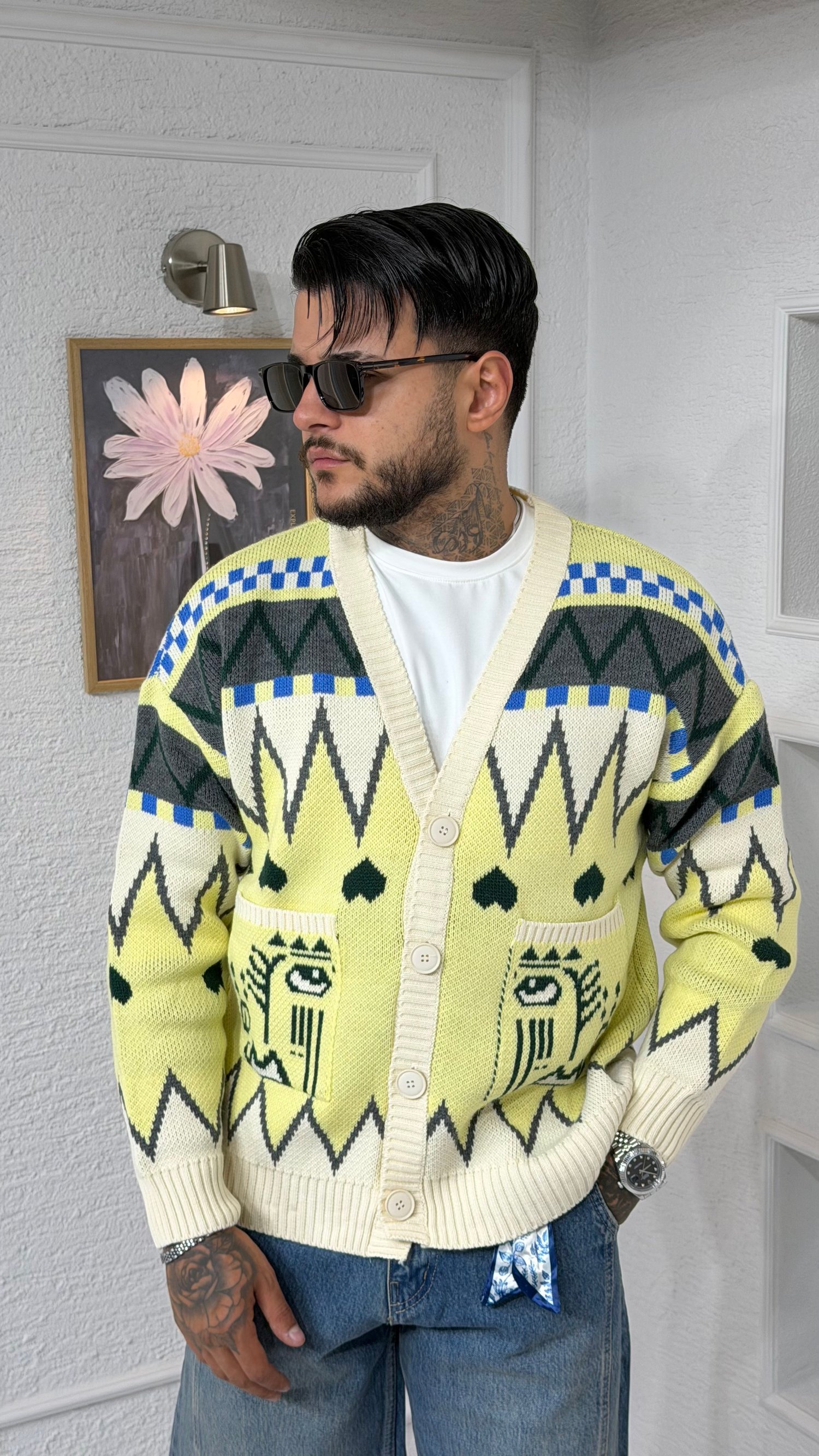 Desenli Oversize Triko Örgü Hırka – Sarı/Krem