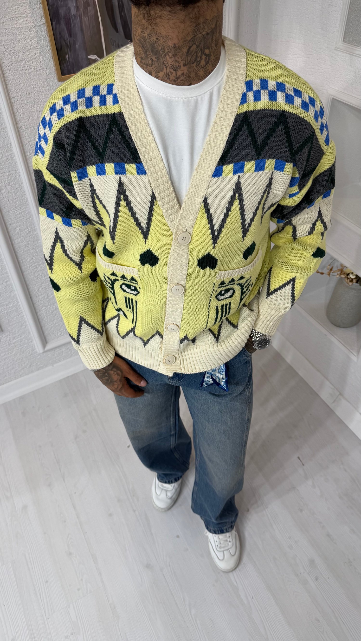 Desenli Oversize Triko Örgü Hırka – Sarı/Krem