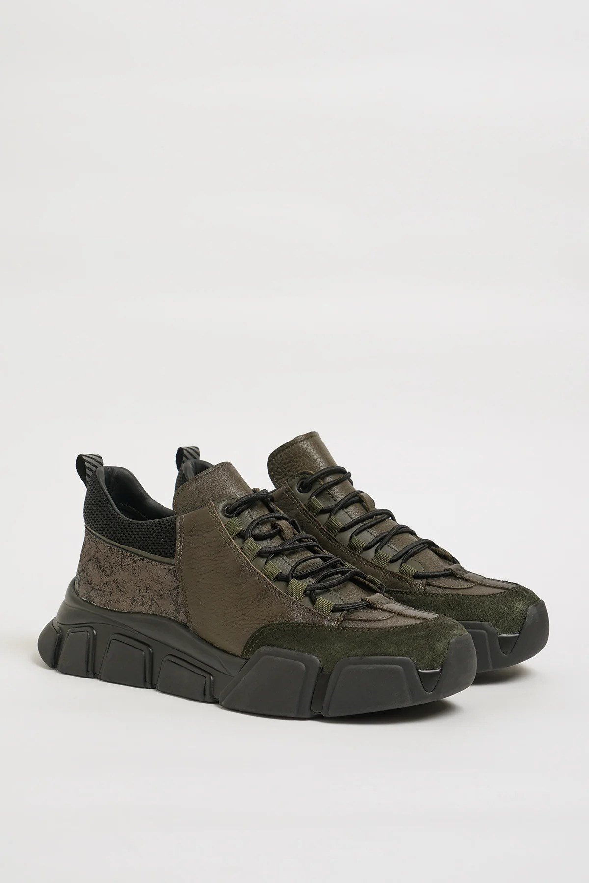 Diamond Model Hakiki Kombinasyonlu Deri İthal Taban Sneaker Ayakkabı - HAKİ