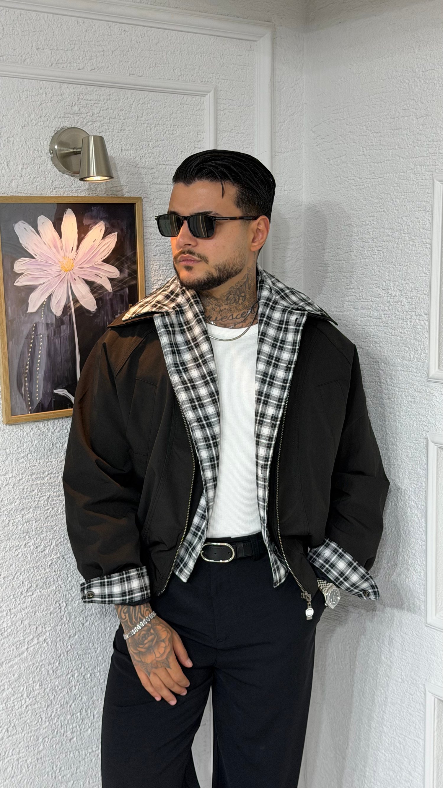 Ekose Detaylı Sihyah Bomber Ceket