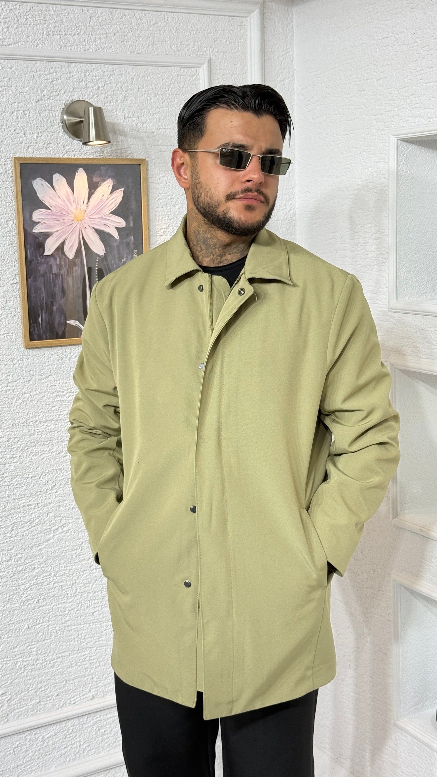 Erkek Haki Oversize Ferm Fit Fermuarlı Uzun Ceket