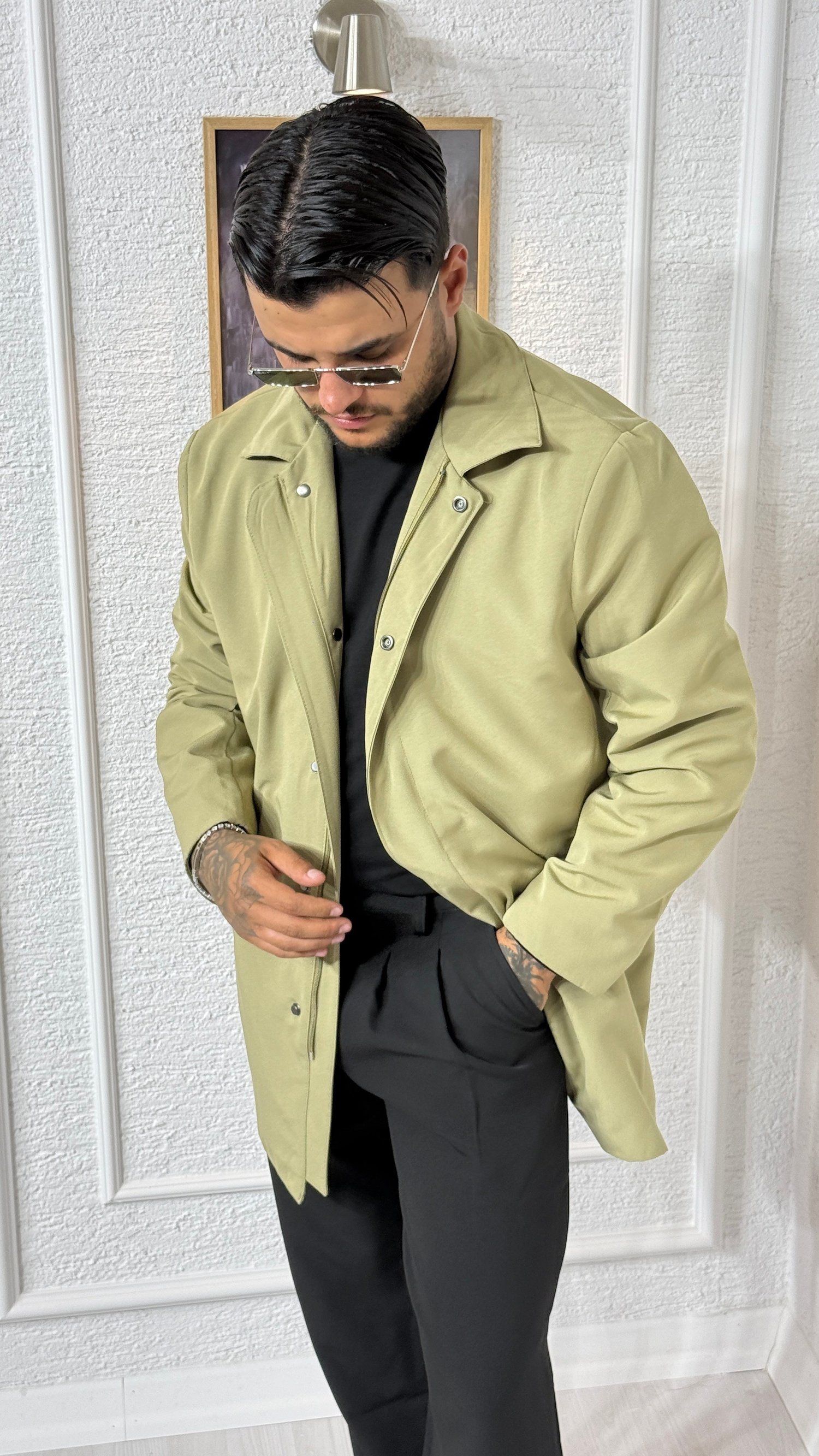Erkek Haki Oversize Ferm Fit Fermuarlı Uzun Ceket