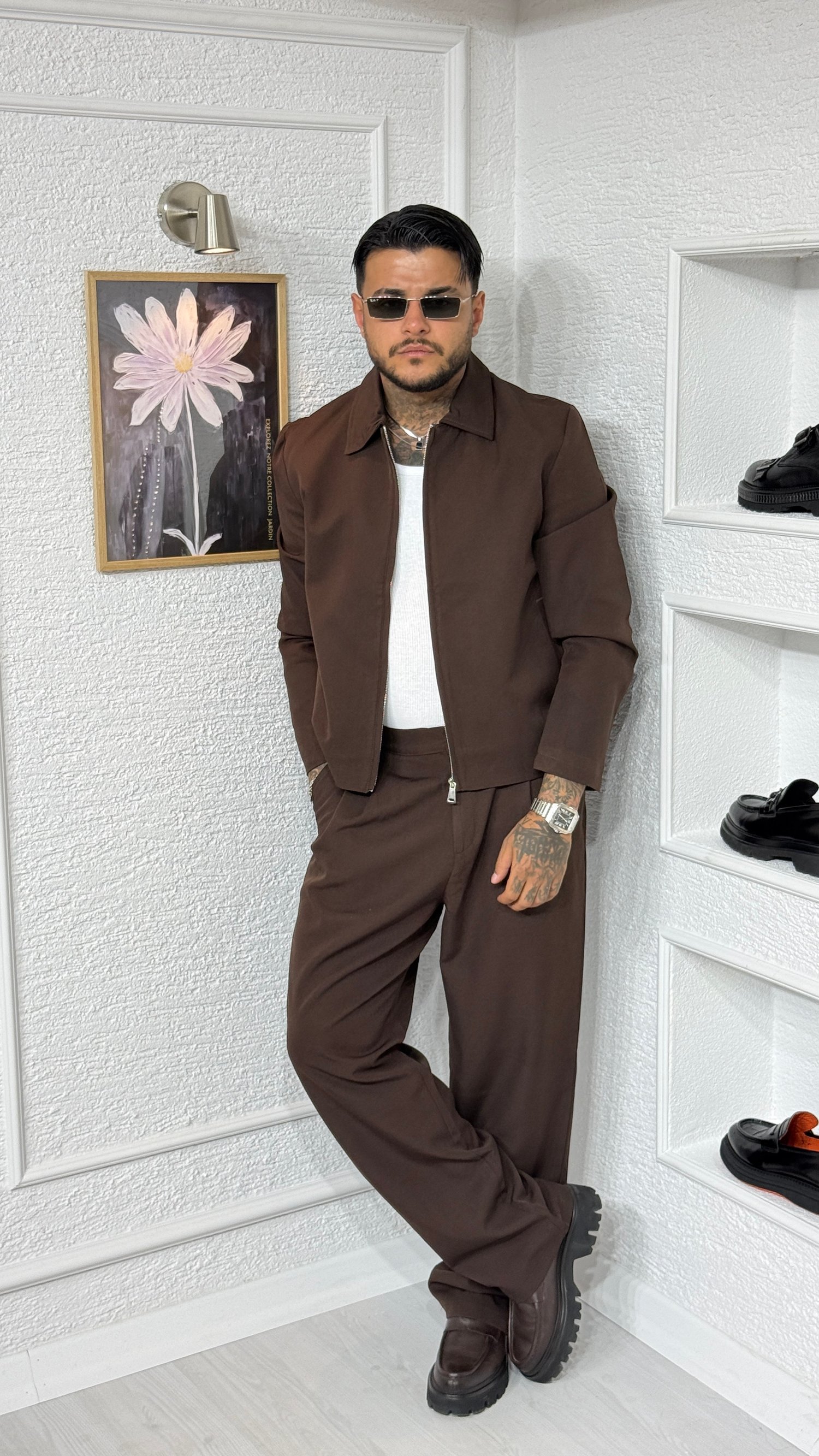 Erkek Kahverengi Polo Yaka Çift Yön Fermuarlı Ceket ve Pantalon Takım