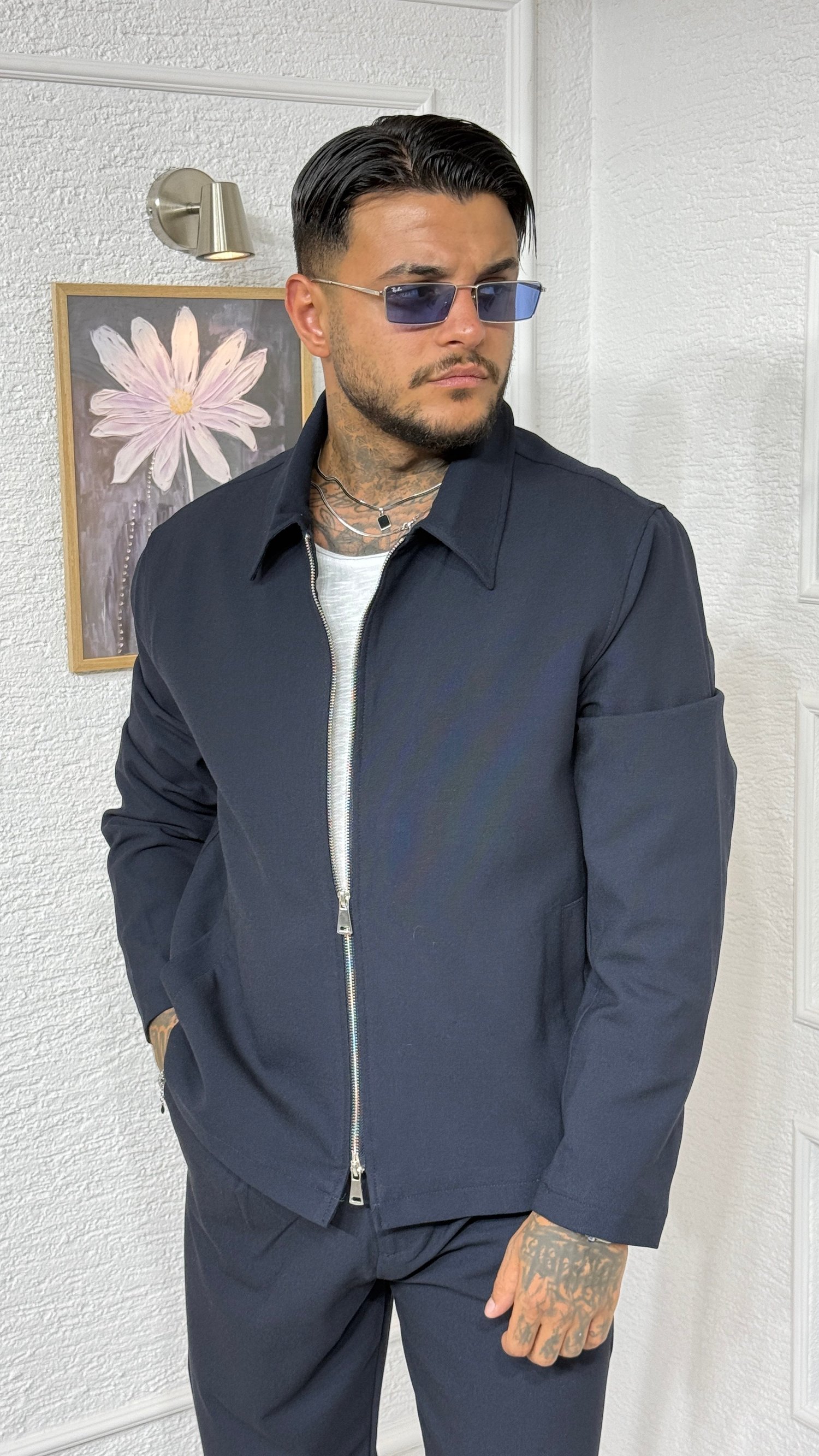 Erkek Lacivert Polo Yaka Çift Yön Fermuarlı Ceket ve Pantalon Takım