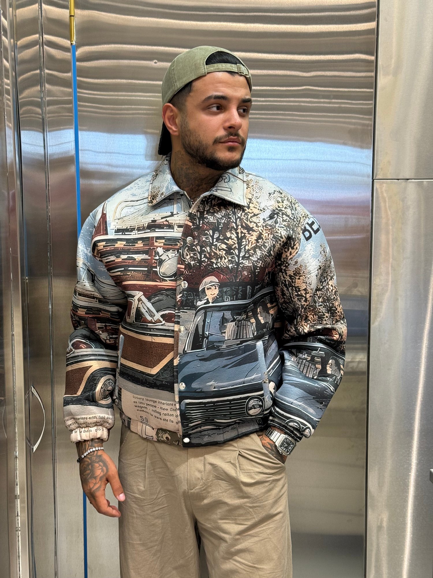 Erkek Oversize Vintage Şehir Baskılı Çıtçıtlı Ceket