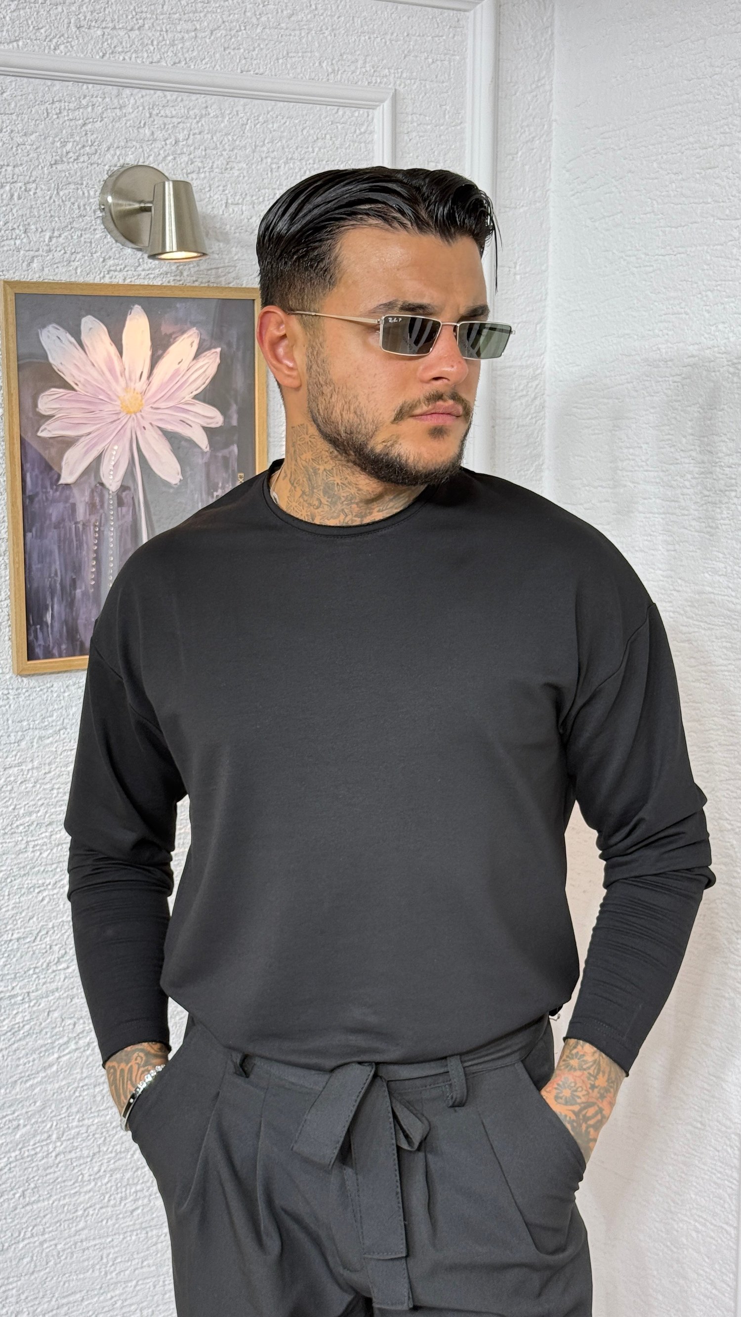 Erkek Siyah Oversize Bisiklet Yaka Uzun Kollu Sweatshirt