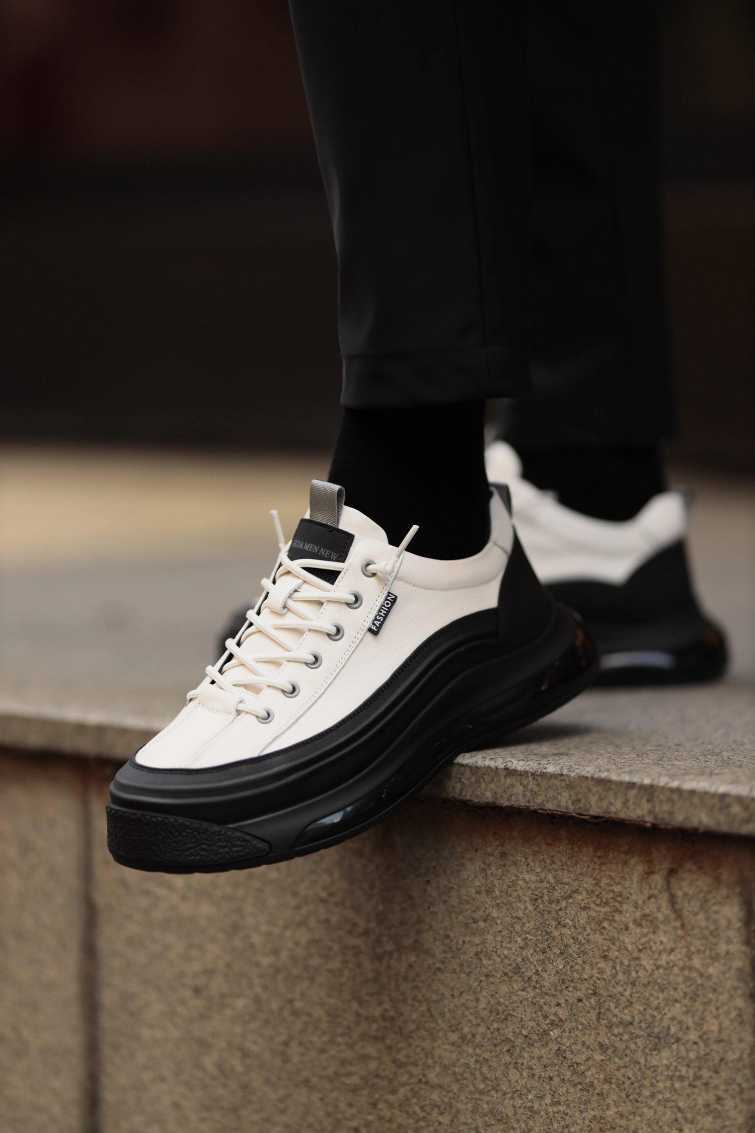 Jeremh Model Kombinasyonlu Deri İthal Taban Sneaker Ayakkabı - BEYAZ