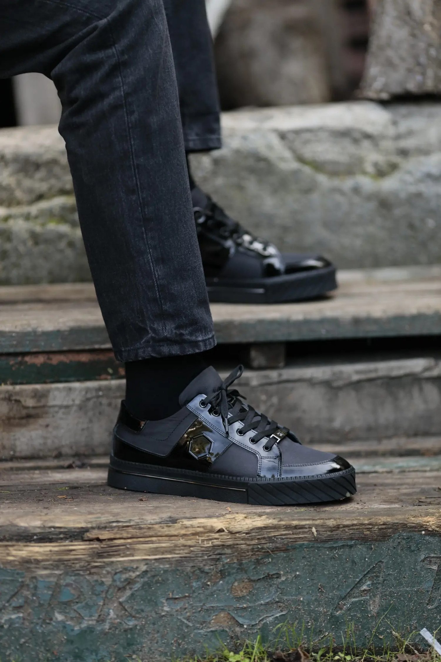 Kanada Model Kombinasyonlu Deri İthal Taban Sneaker Ayakkabı - SİYAH