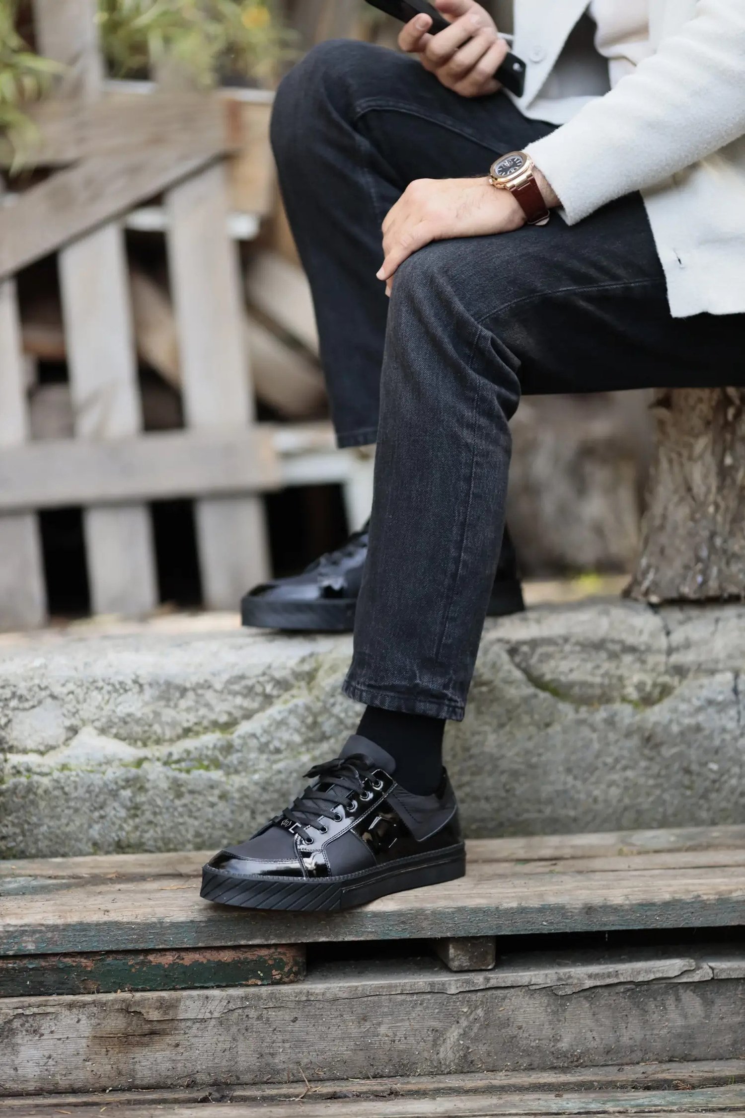 Kanada Model Kombinasyonlu Deri İthal Taban Sneaker Ayakkabı - SİYAH