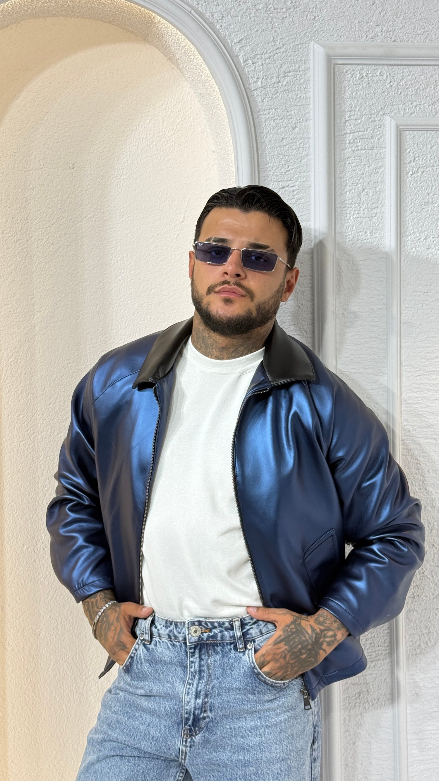 Lacivert Fermuarlı Oversize bomber Deri Ceket