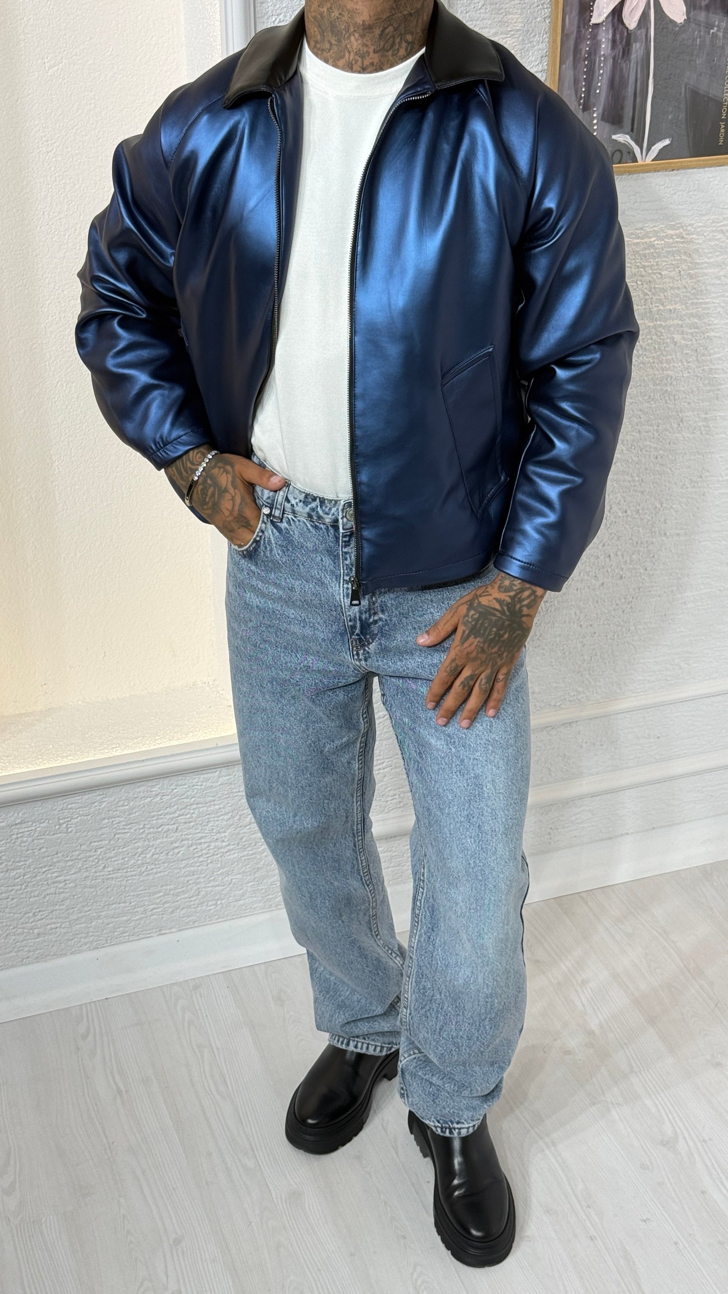Lacivert Fermuarlı Oversize bomber Deri Ceket