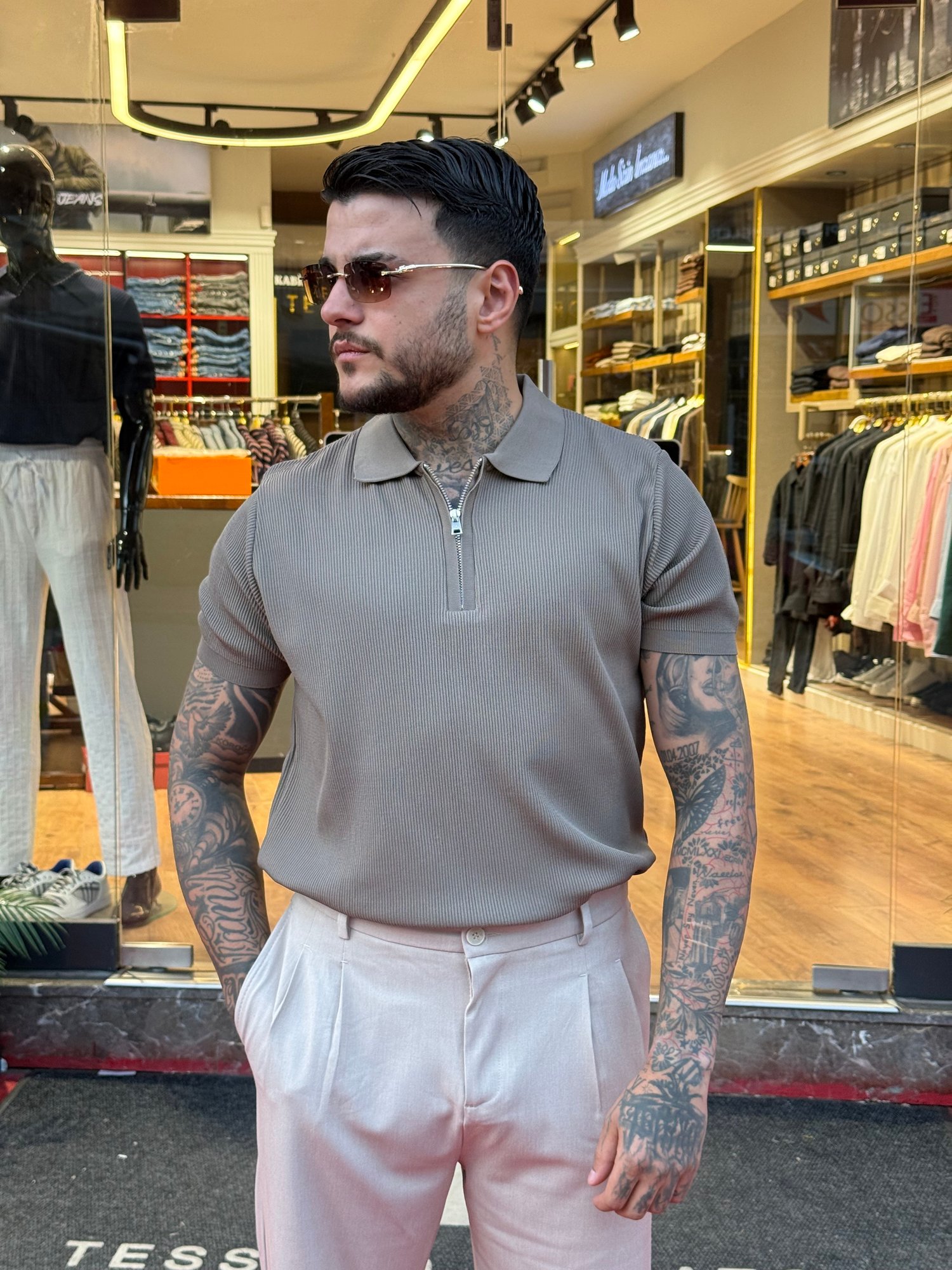 Luxury Fermuarlı Haki Yeşili Polo yaka