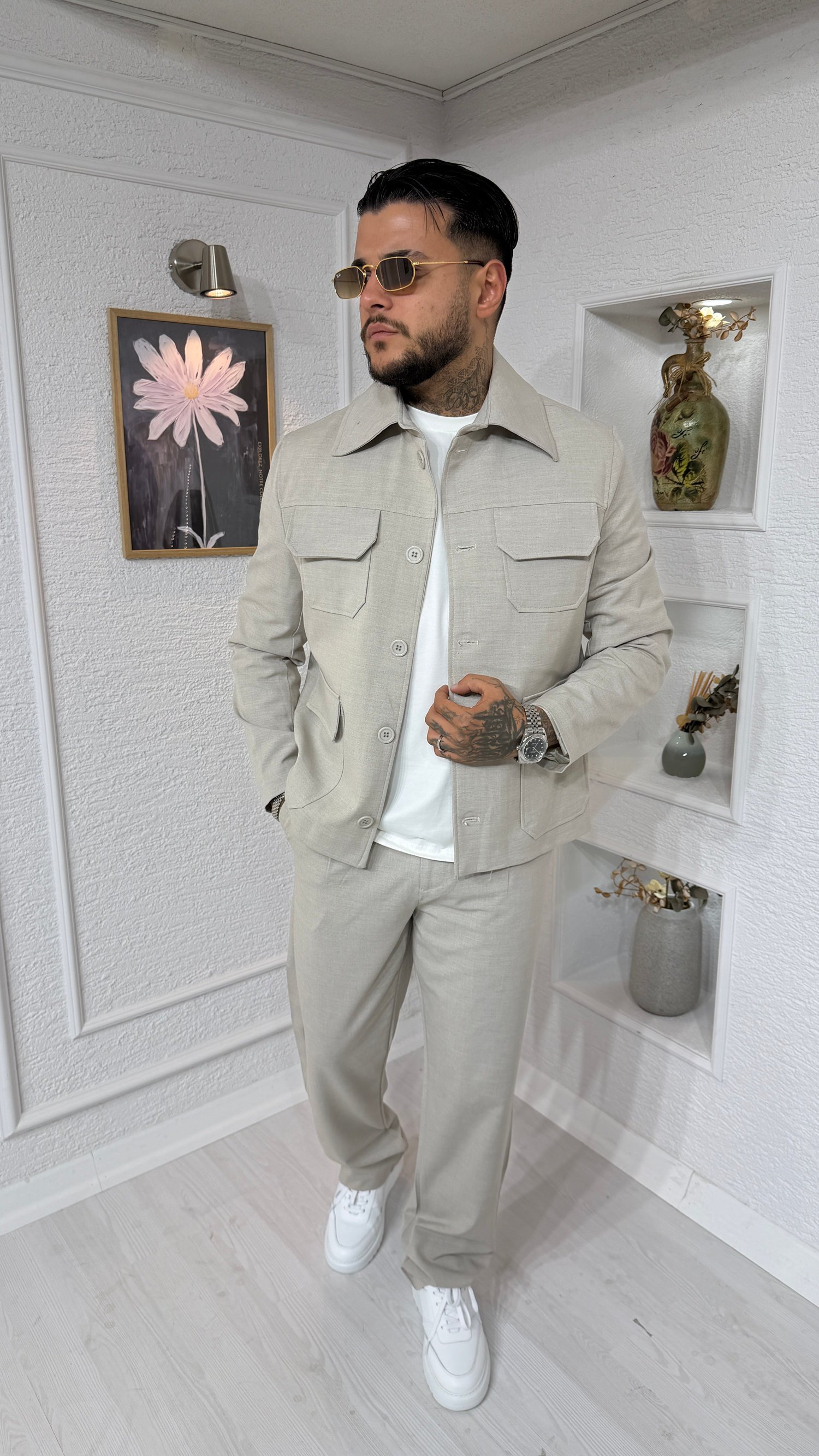 Oversize Kesim Cepli Bej Gabardin Ceket & Pantolon Takım