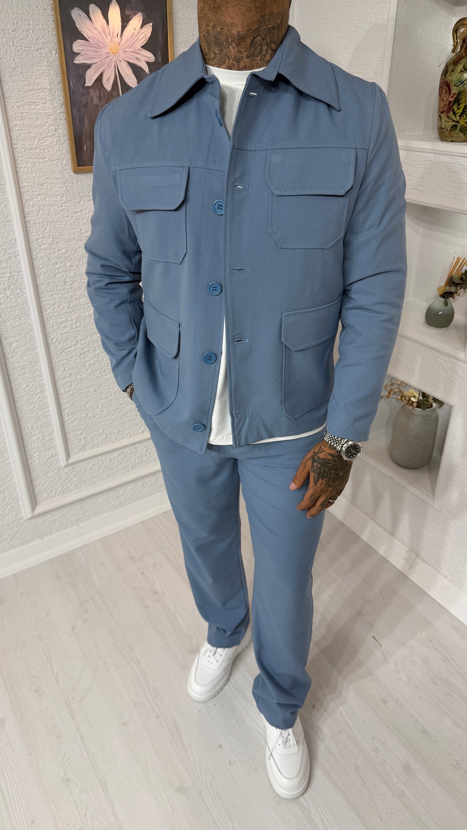 Oversize Kesim Cepli Mavi Gabardin Ceket & Pantolon Takım