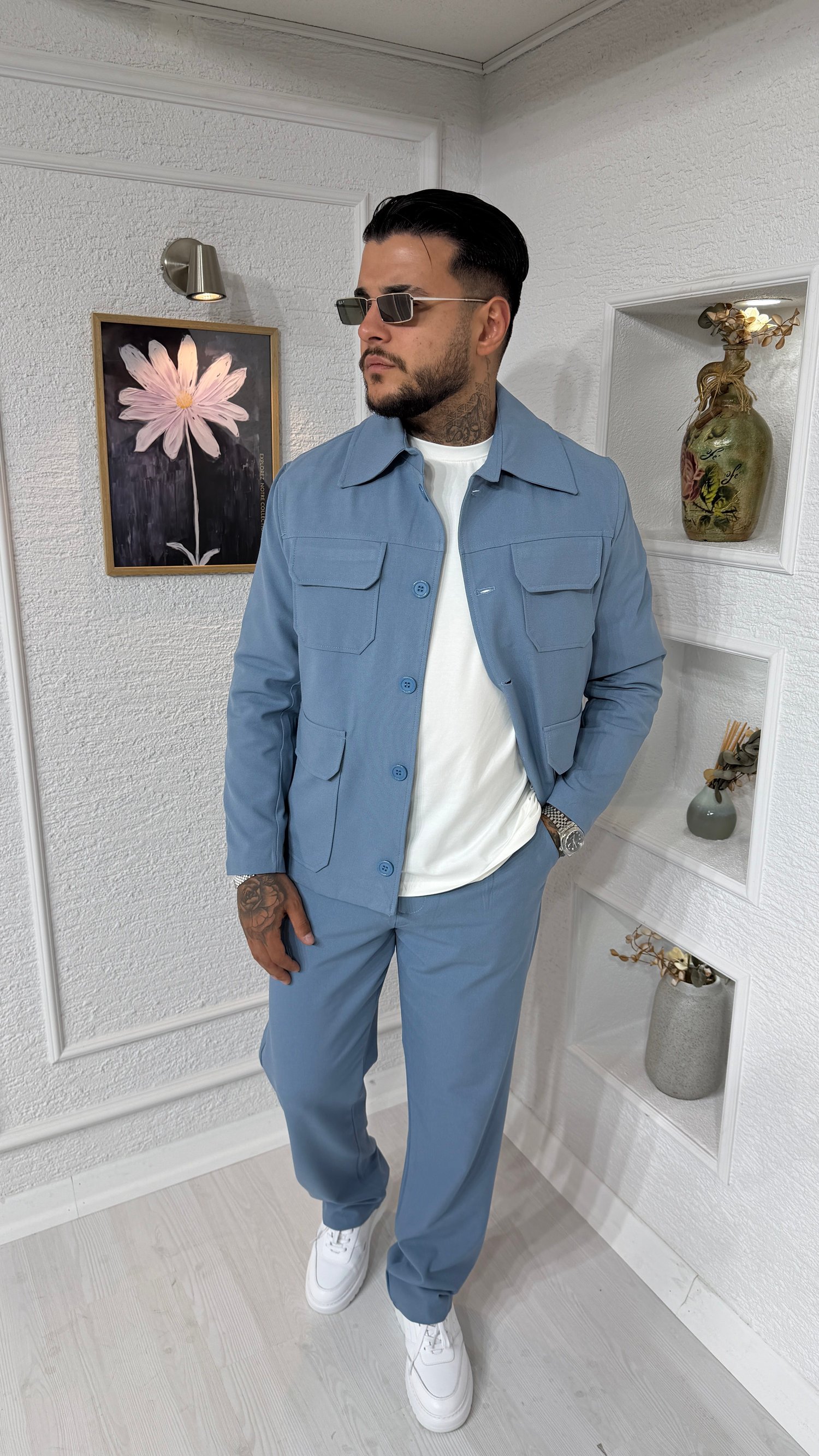 Oversize Kesim Cepli Mavi Gabardin Ceket & Pantolon Takım