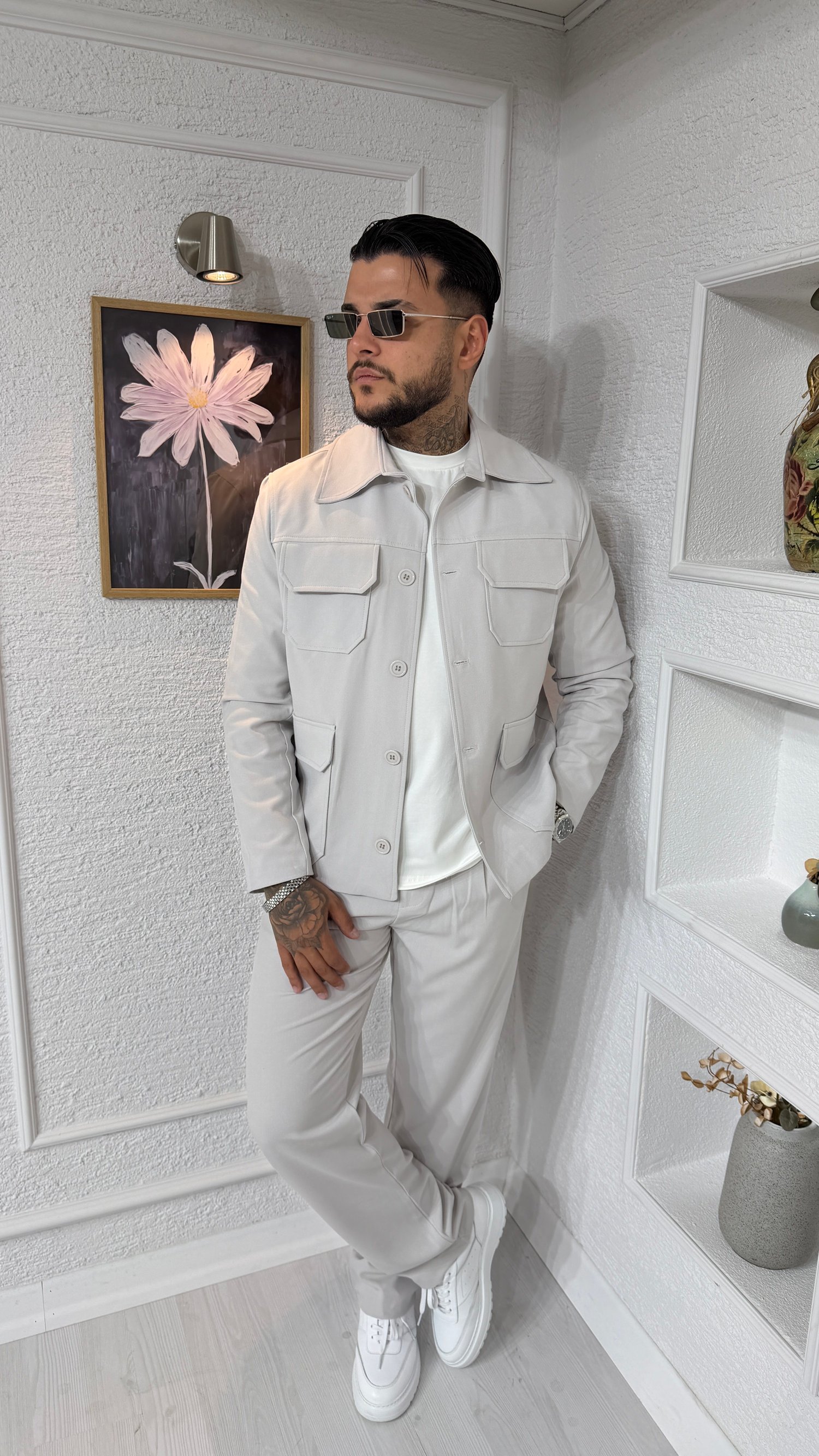 Oversize Kesim Cepli Taş Rengi Gabardin Ceket & Pantolon Takım