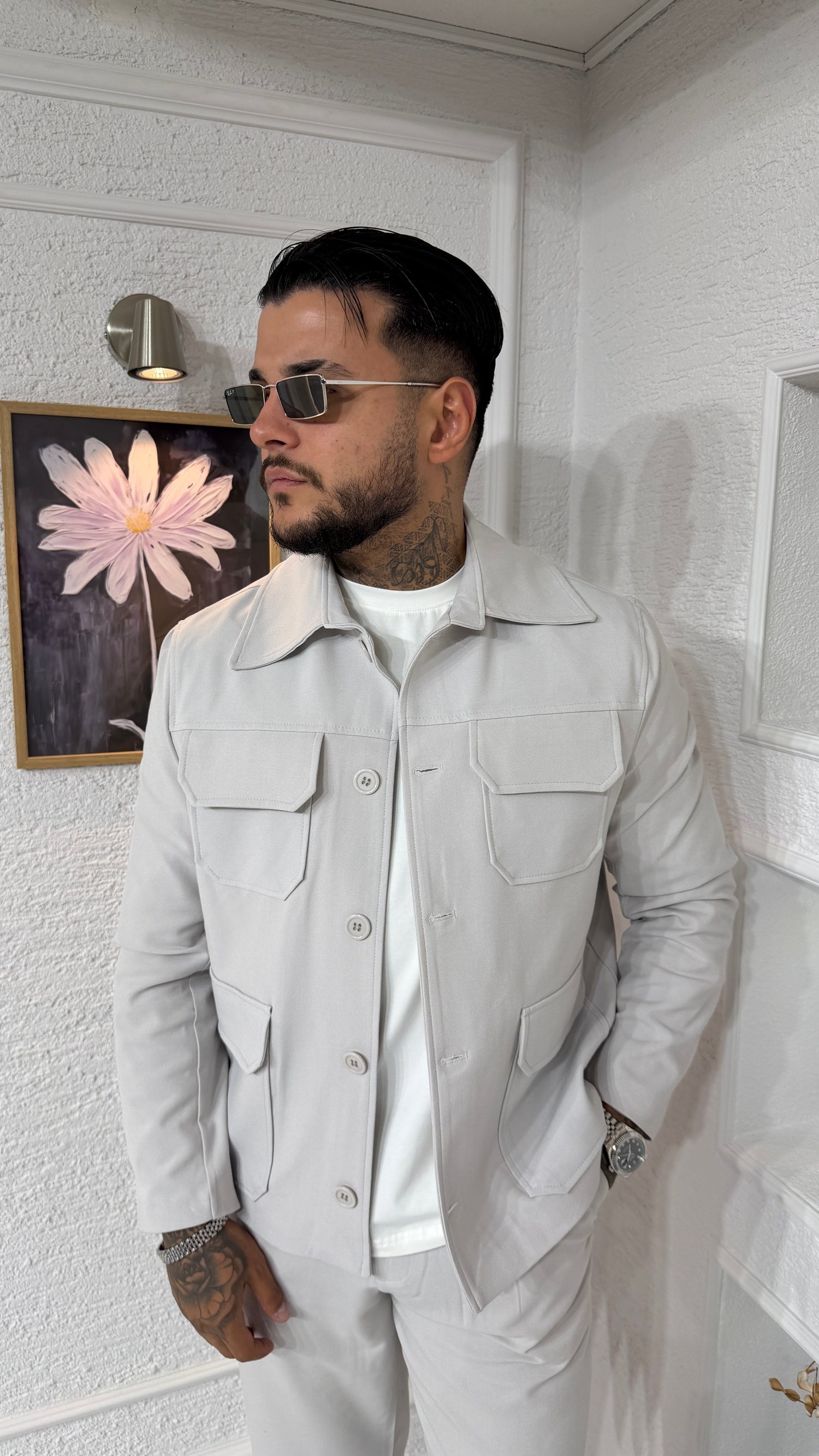 Oversize Kesim Cepli Taş Rengi Gabardin Ceket & Pantolon Takım