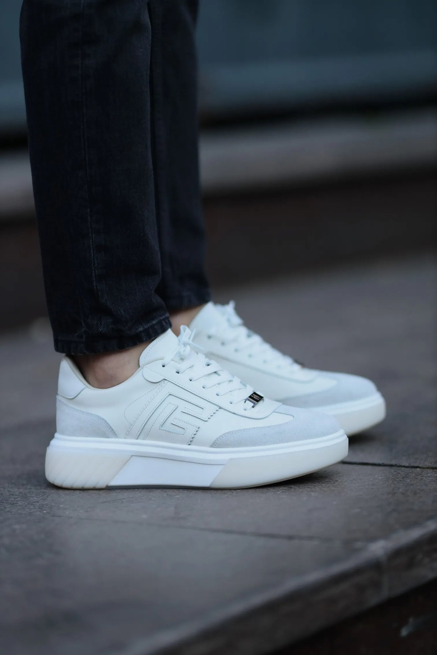 Potley Model Hakiki Kombinasyonlu Deri İthal Taban Sneaker Ayakkabı - BEYAZ