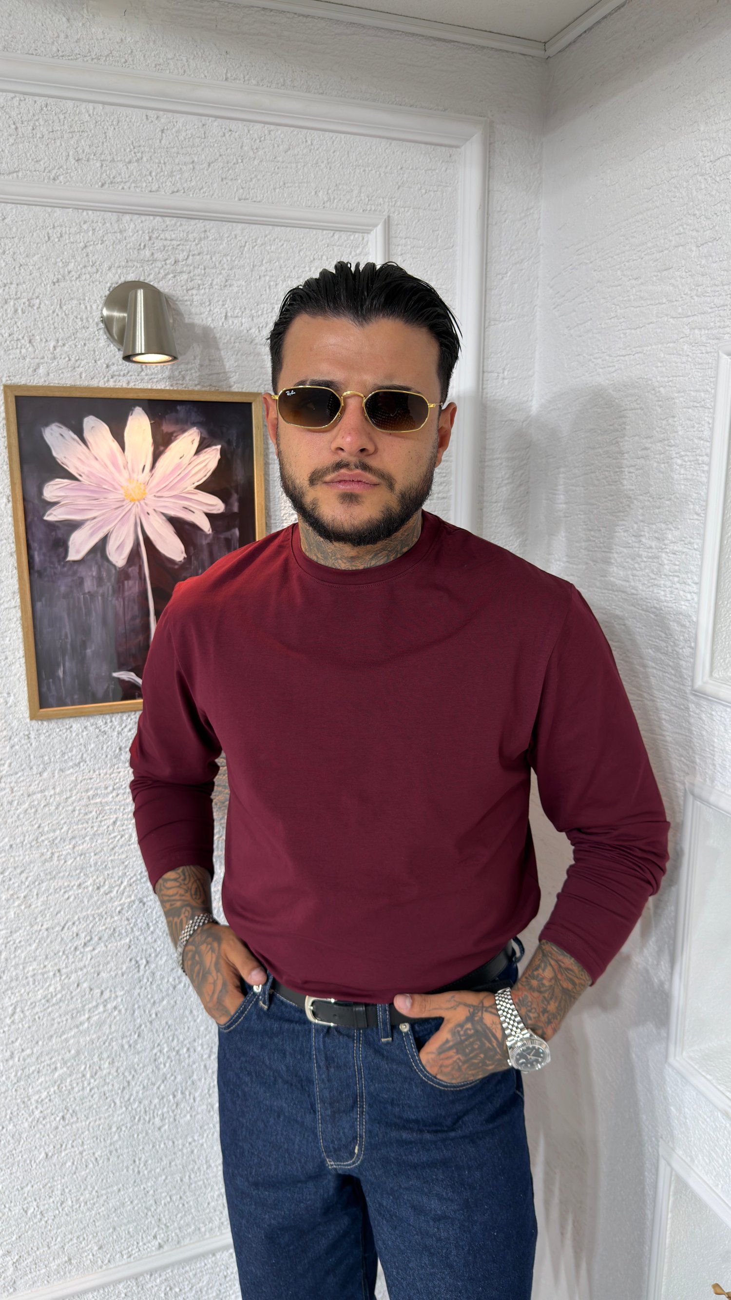 Premium Basic Bordo Bisiklet Yaka Sweatshirt