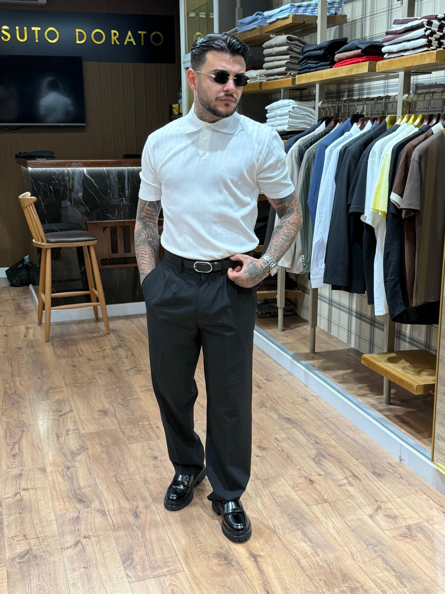 Premium Beyaz Fitilli Polo Yaka Triko Tişört