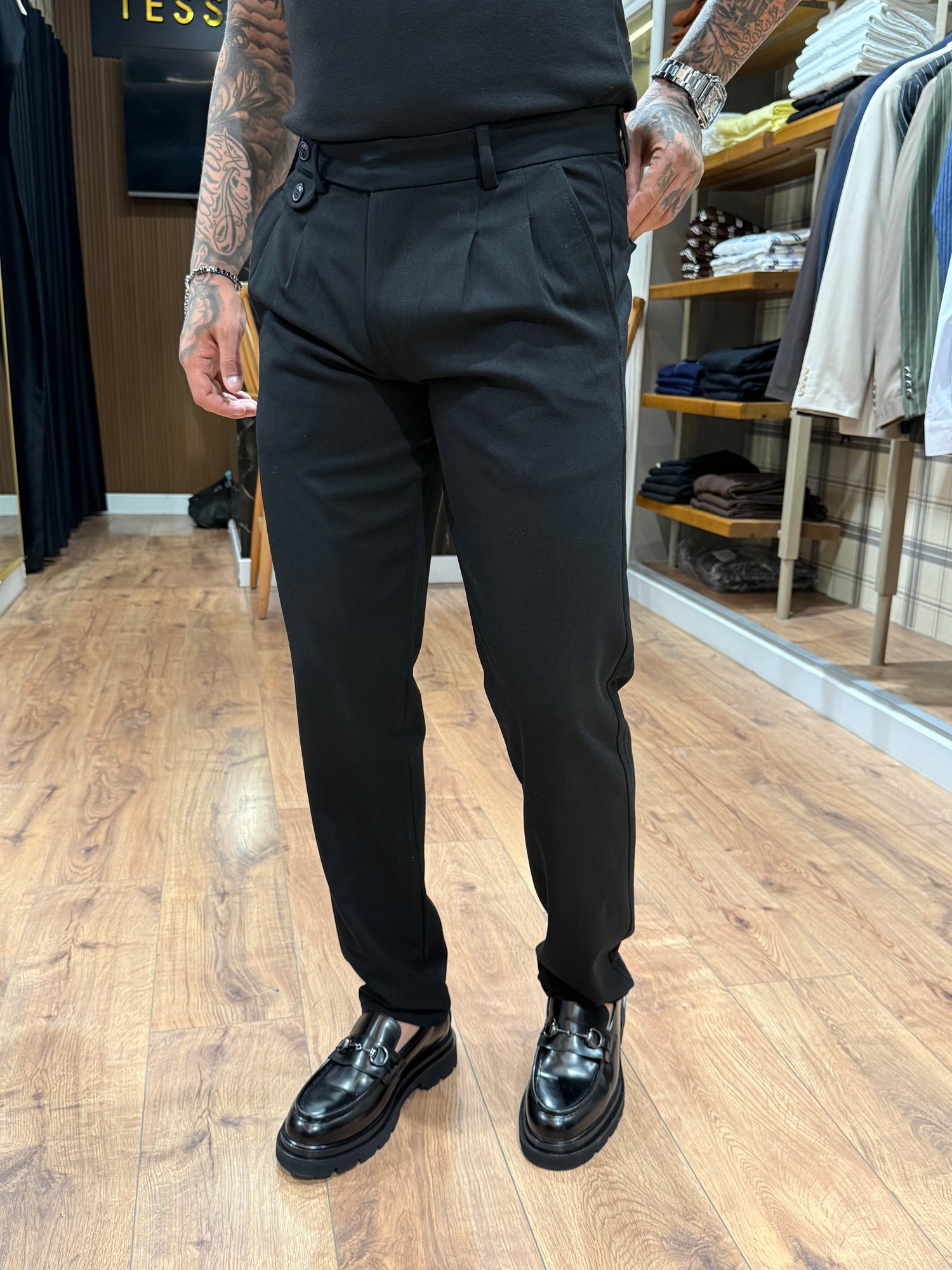 Premium Siyah Çift Pileli Kumaş Pantolon