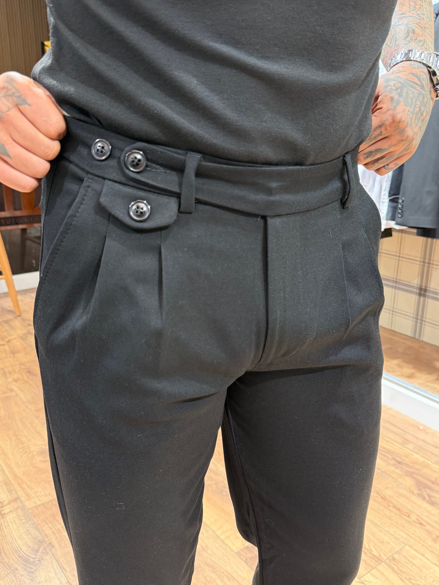 Premium Siyah Çift Pileli Kumaş Pantolon