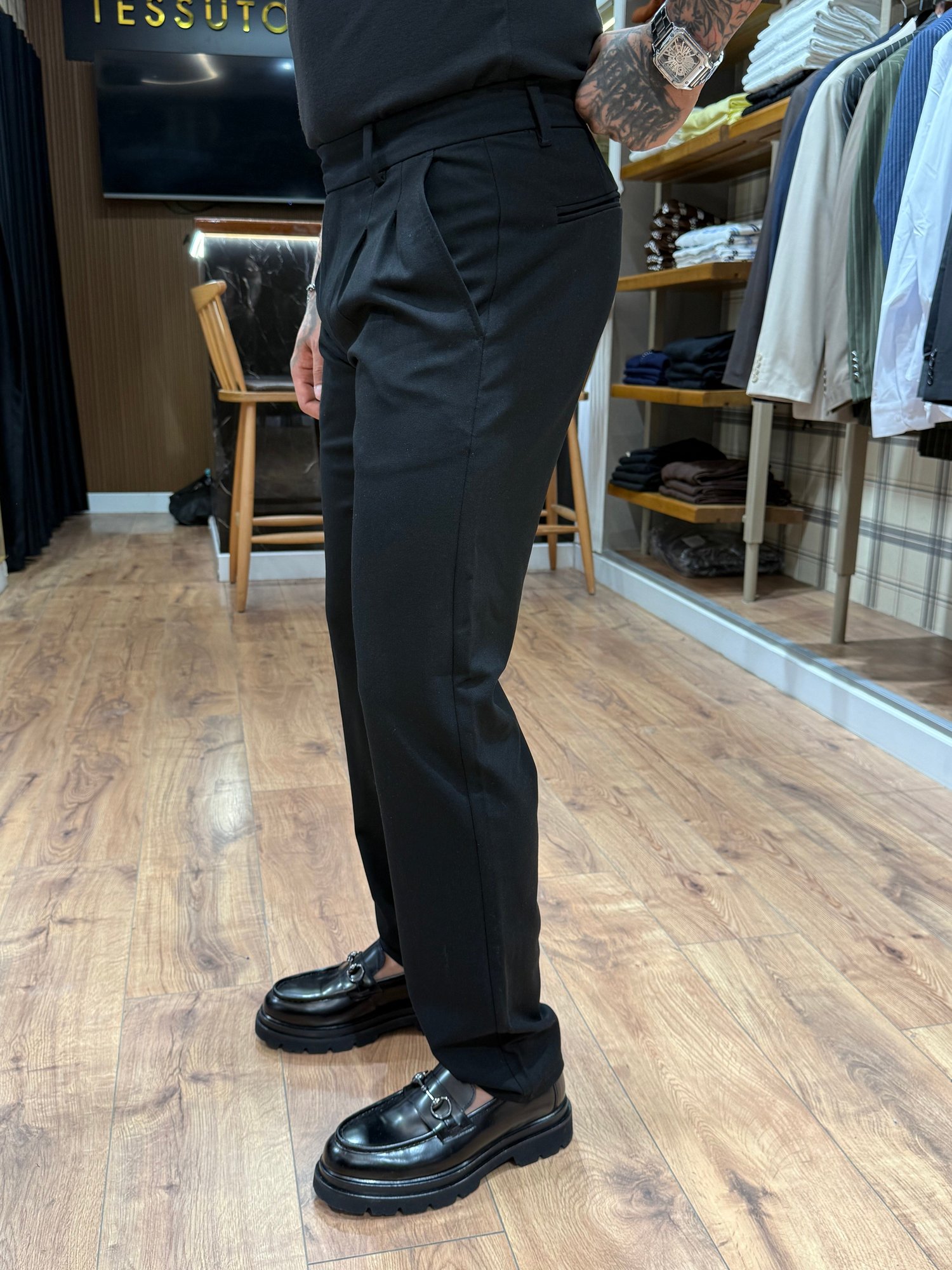 Premium Siyah Çift Pileli Kumaş Pantolon