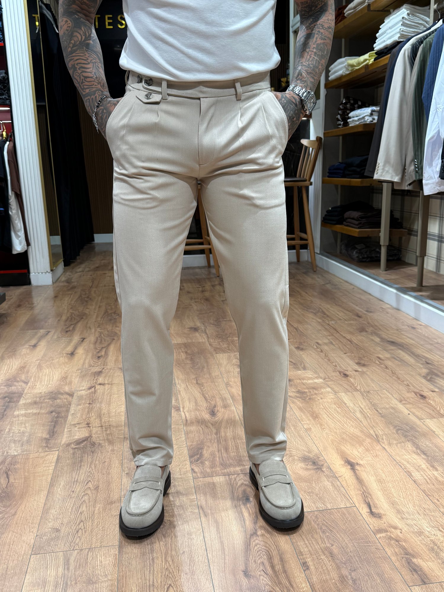 Premium Taş Rengi Çift Pileli Kumaş Pantolon