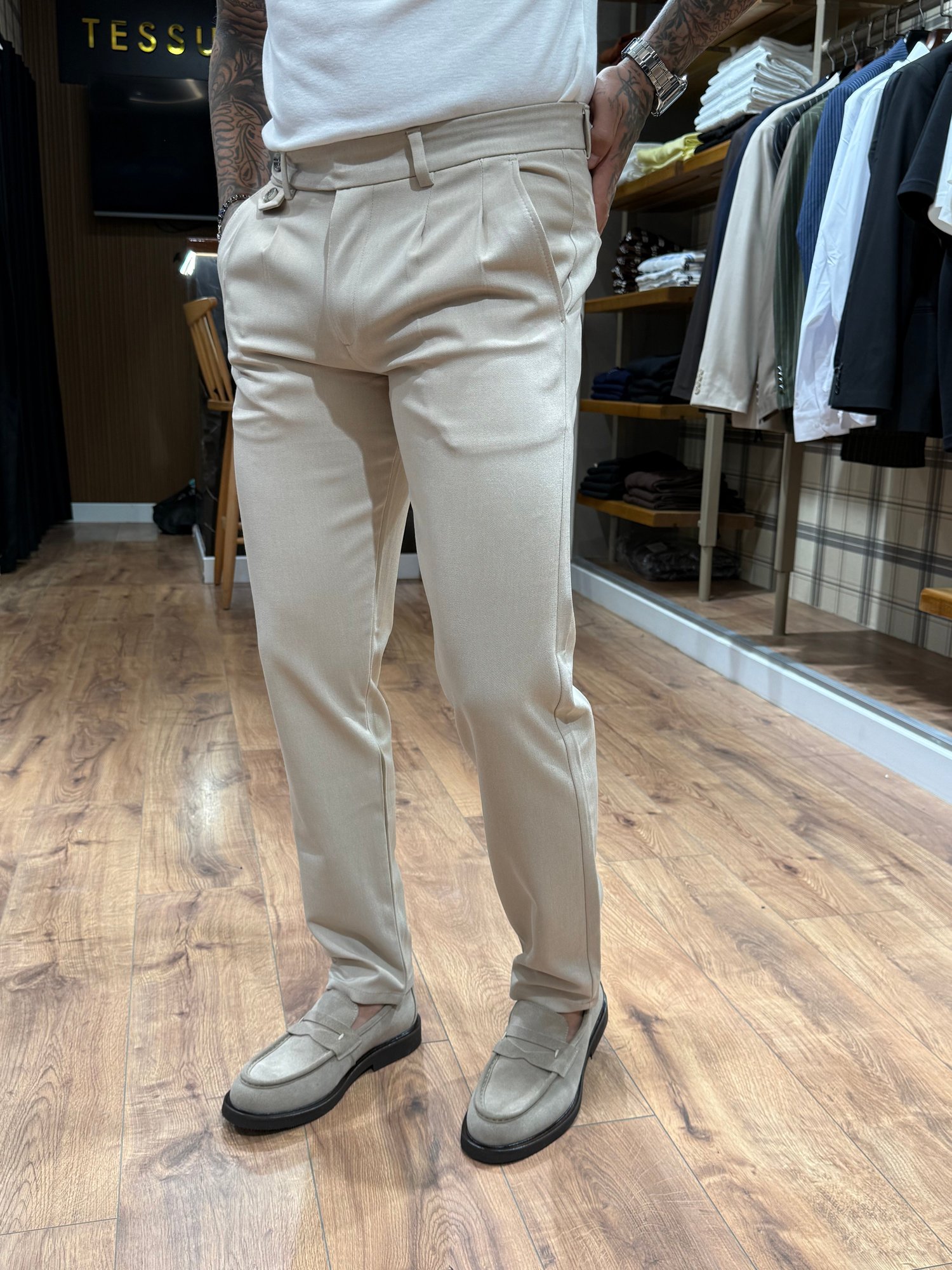 Premium Taş Rengi Çift Pileli Kumaş Pantolon