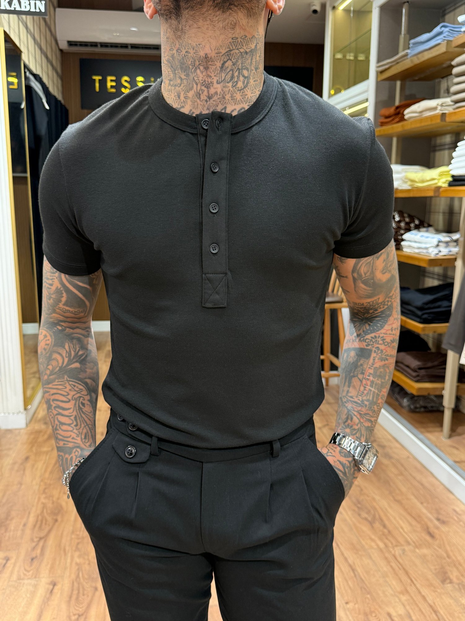 Prestige Henley Tişört - Siyah