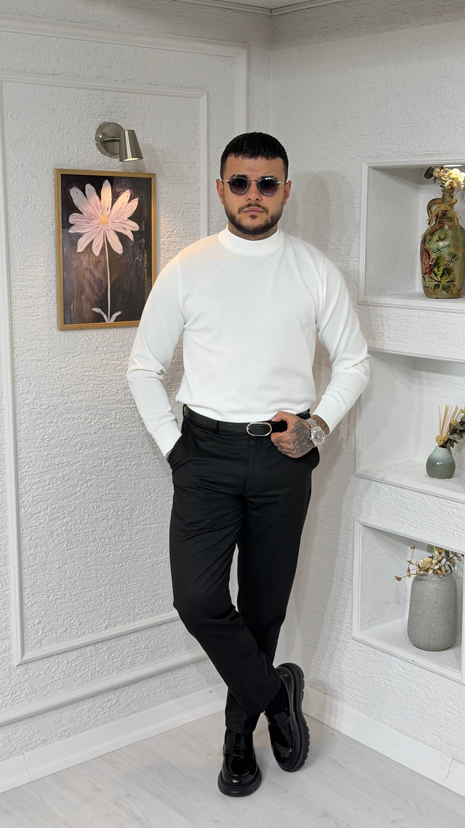 Siyah Dik Yaka Slim Fit Erkek Triko Kazak