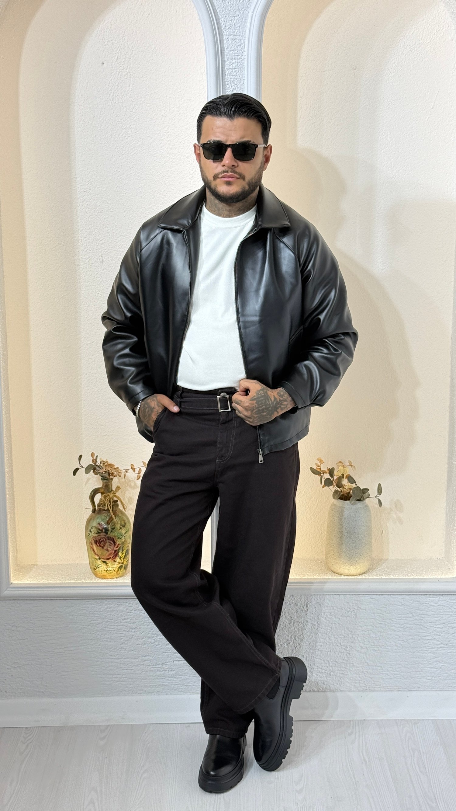 SİYAH Fermuarlı Oversize bomber Deri Ceket