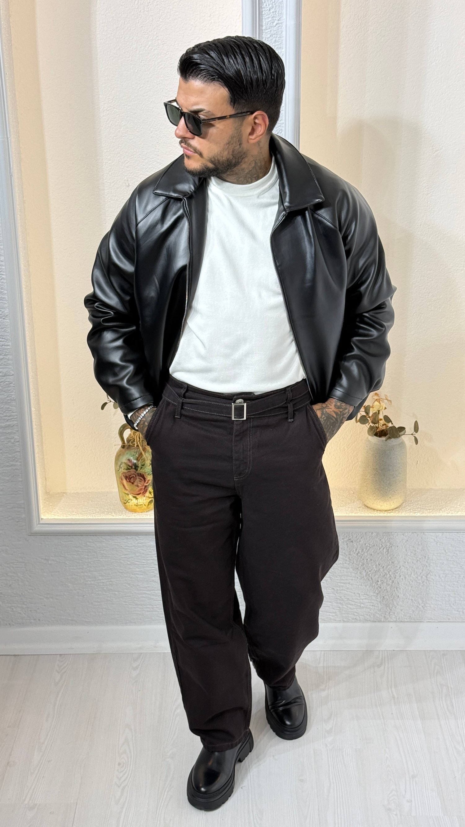 SİYAH Fermuarlı Oversize bomber Deri Ceket