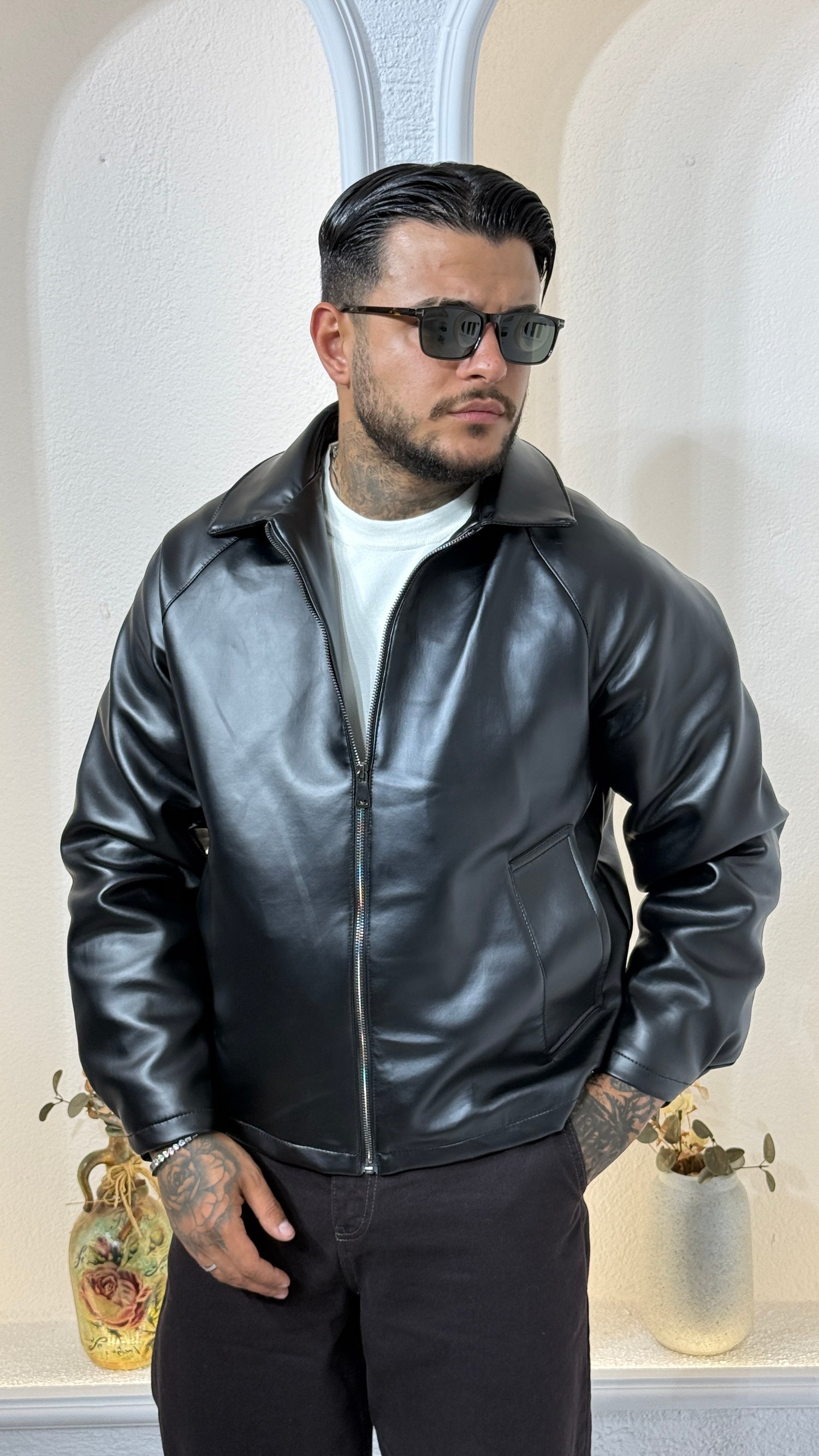 SİYAH Fermuarlı Oversize bomber Deri Ceket