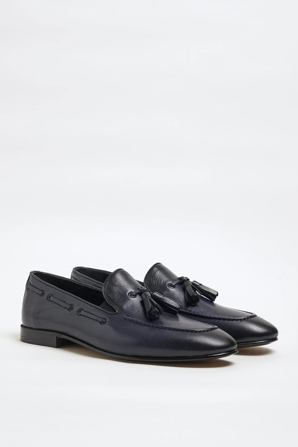 Tokyo Model Hakiki Natural Deri Kösele Taban Loafer Ayakkabı - LACİVERT