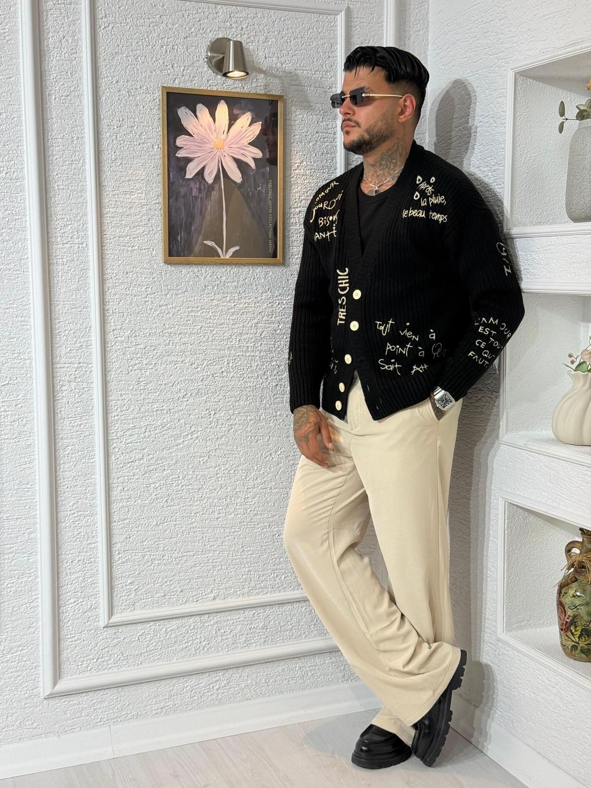 Tres Chic Siyah Örgü Erkek Hırka