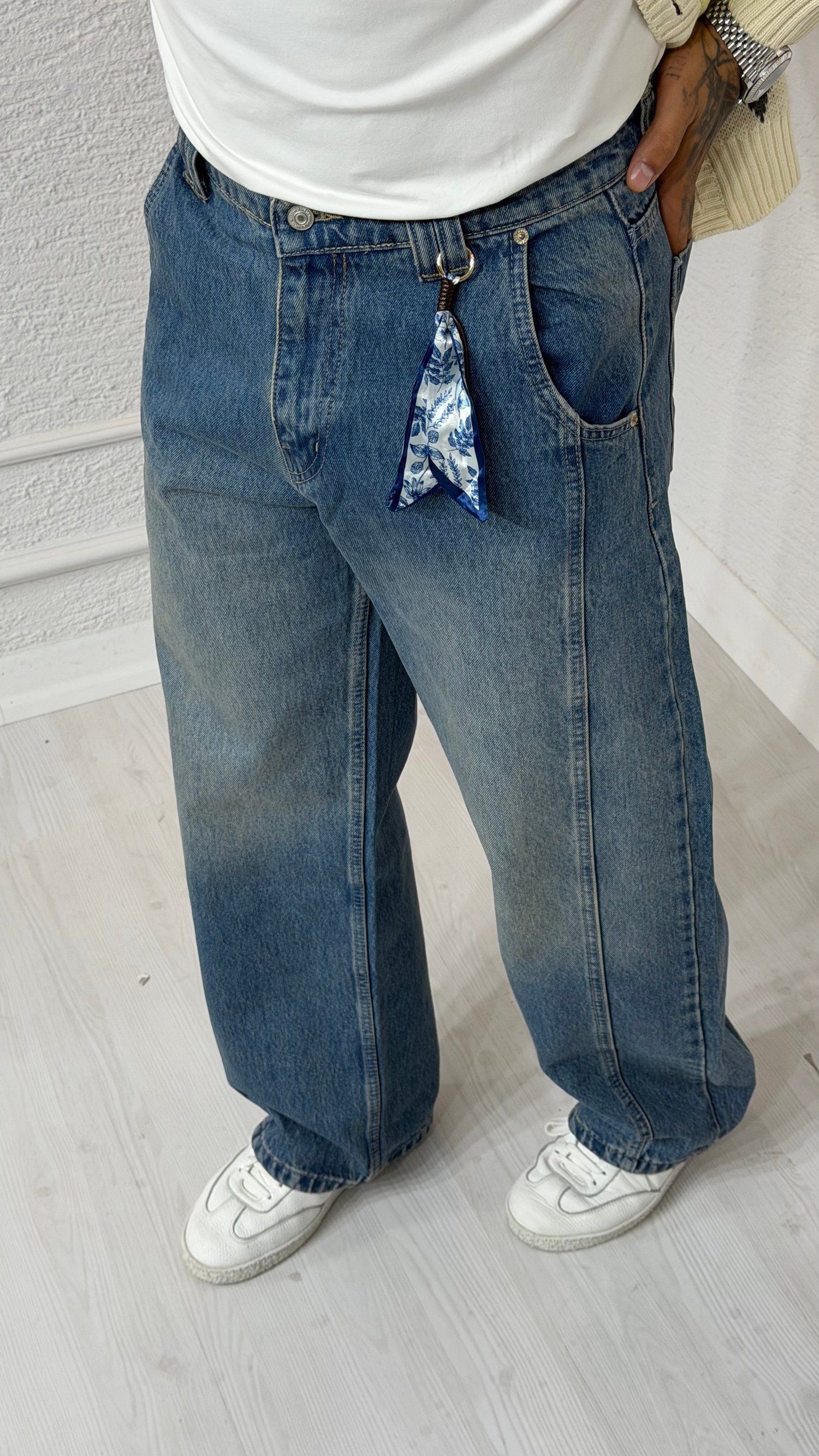 Vintage Yıkamalı Baggy Fit Yüksek Bel Paça Lastikli Jean Pantolon